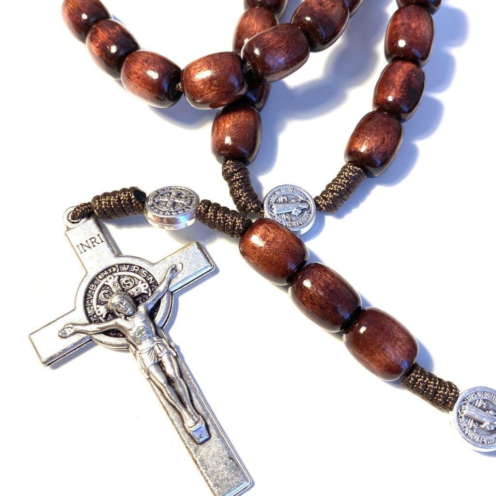 St Benedict Wood Rosary Cord Beaded Chaplet Wood Beads Saint Medal