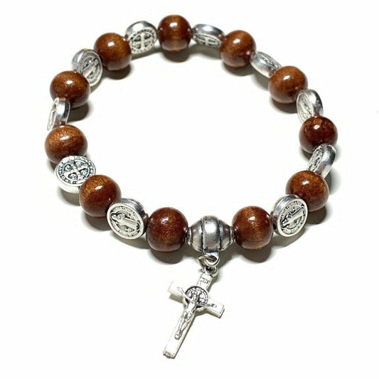 Wooden Saint St. Benedict Medal Stretch Bracelet Blessed By Pope W/ Cross-Catholically