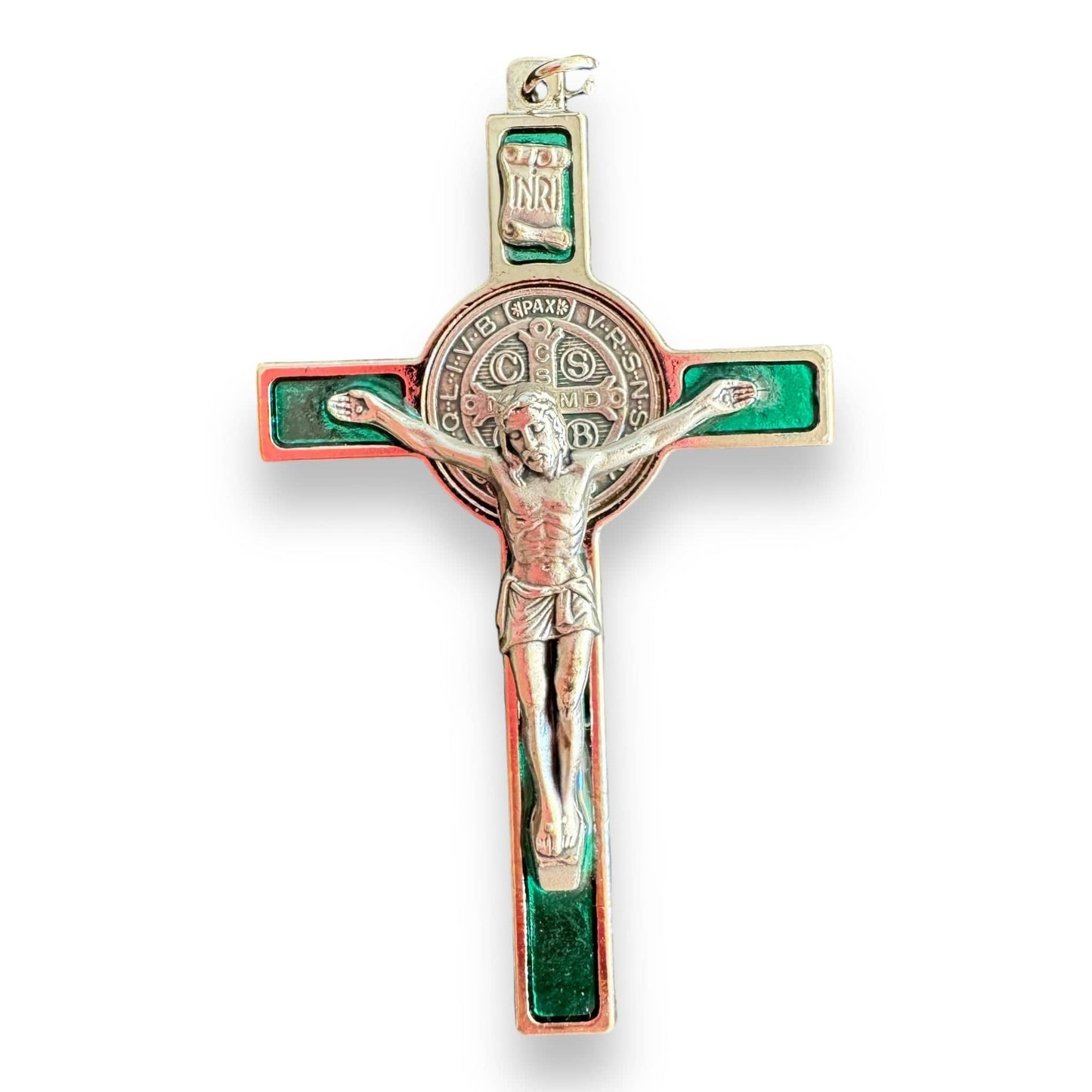 Catholically St Benedict Cross 3" St. Benedict Crucifix with Green Enamel Inlay - Blessed By Pope