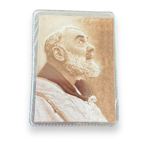 Tarjeta sagrada de oración de San Padre Pio con reliquia gratis Ex-Indumentis - St. Father Pio 