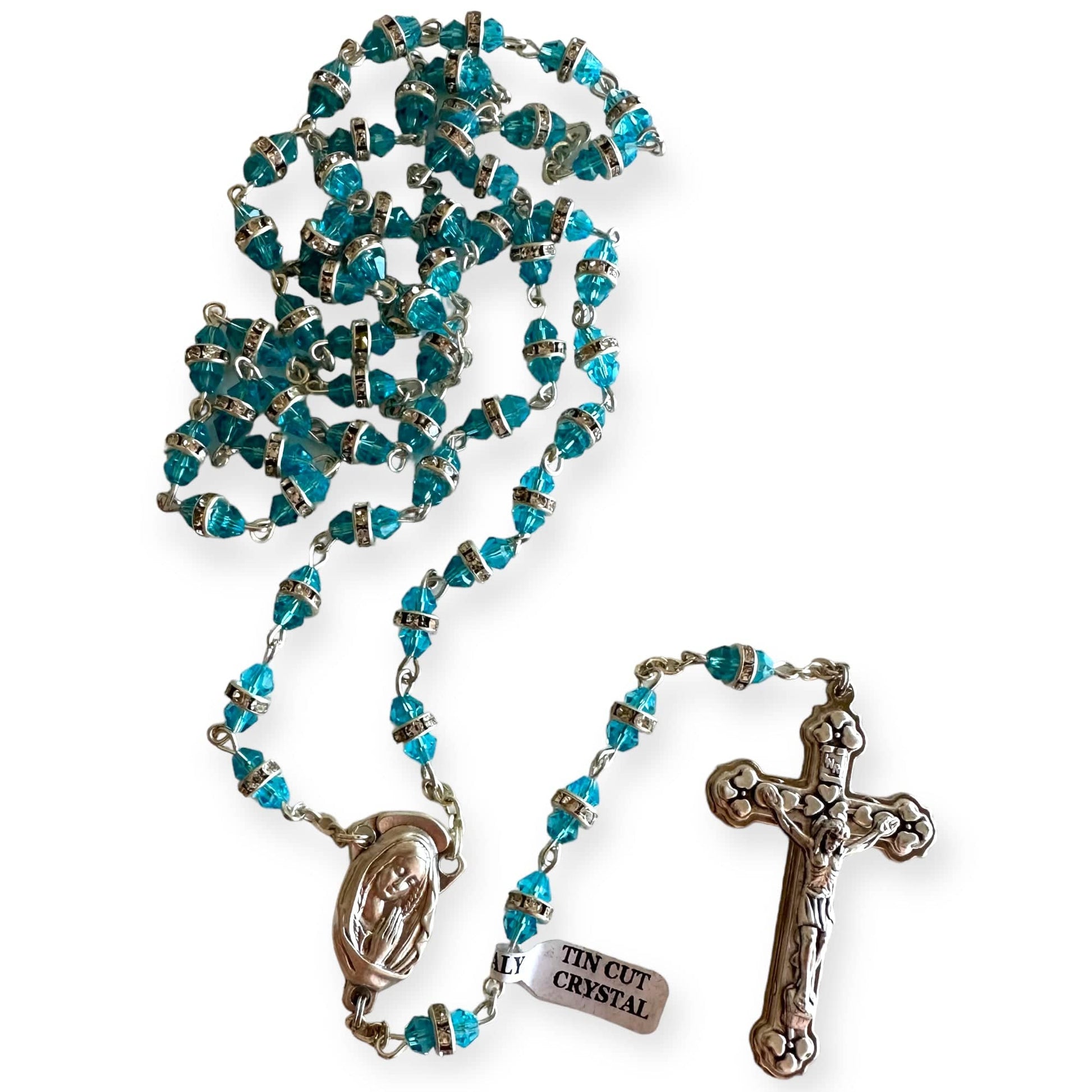 Catholically Rosaries Blessed Virgin Mary - Aqua Shiny Crystal Rosary - Rhinestone - Blessed By Pope