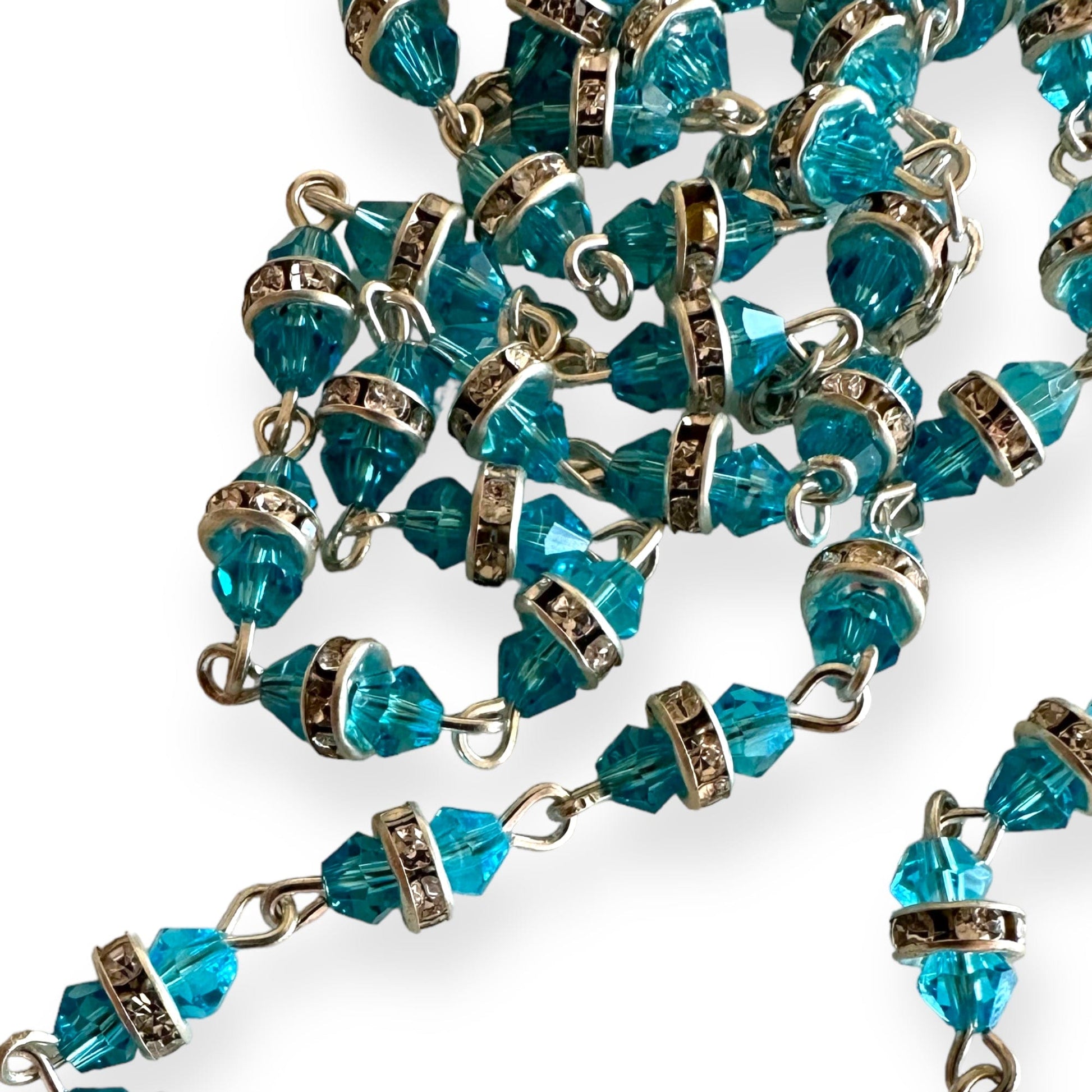 Catholically Rosaries Blessed Virgin Mary - Aqua Shiny Crystal Rosary - Rhinestone - Blessed By Pope