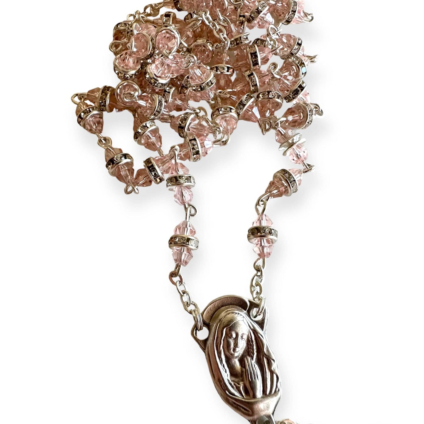 Catholically Rosaries Blessed Virgin Mary - Pink Shiny Crystal Rosary - Rhinestone - Blessed By Pope