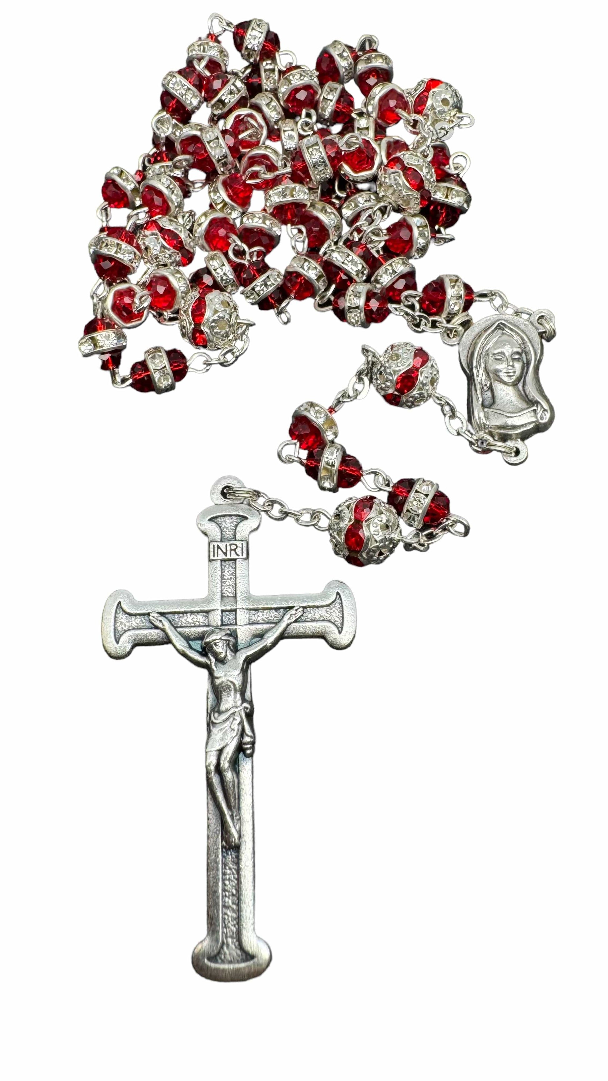 Catholically Rosaries Blessed Virgin Mary - Red Shiny Crystal Rosary - Rhinestone - Blessed By Pope