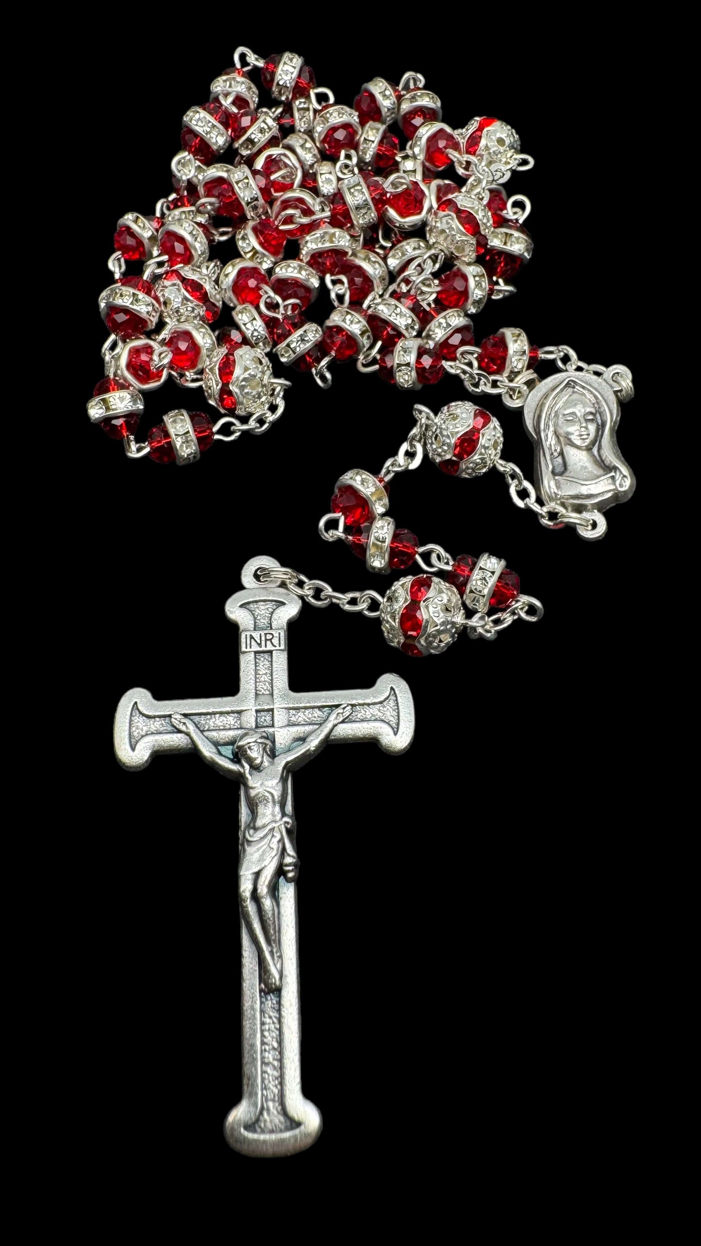 Catholically Rosaries Blessed Virgin Mary - Red Shiny Crystal Rosary - Rhinestone - Blessed By Pope