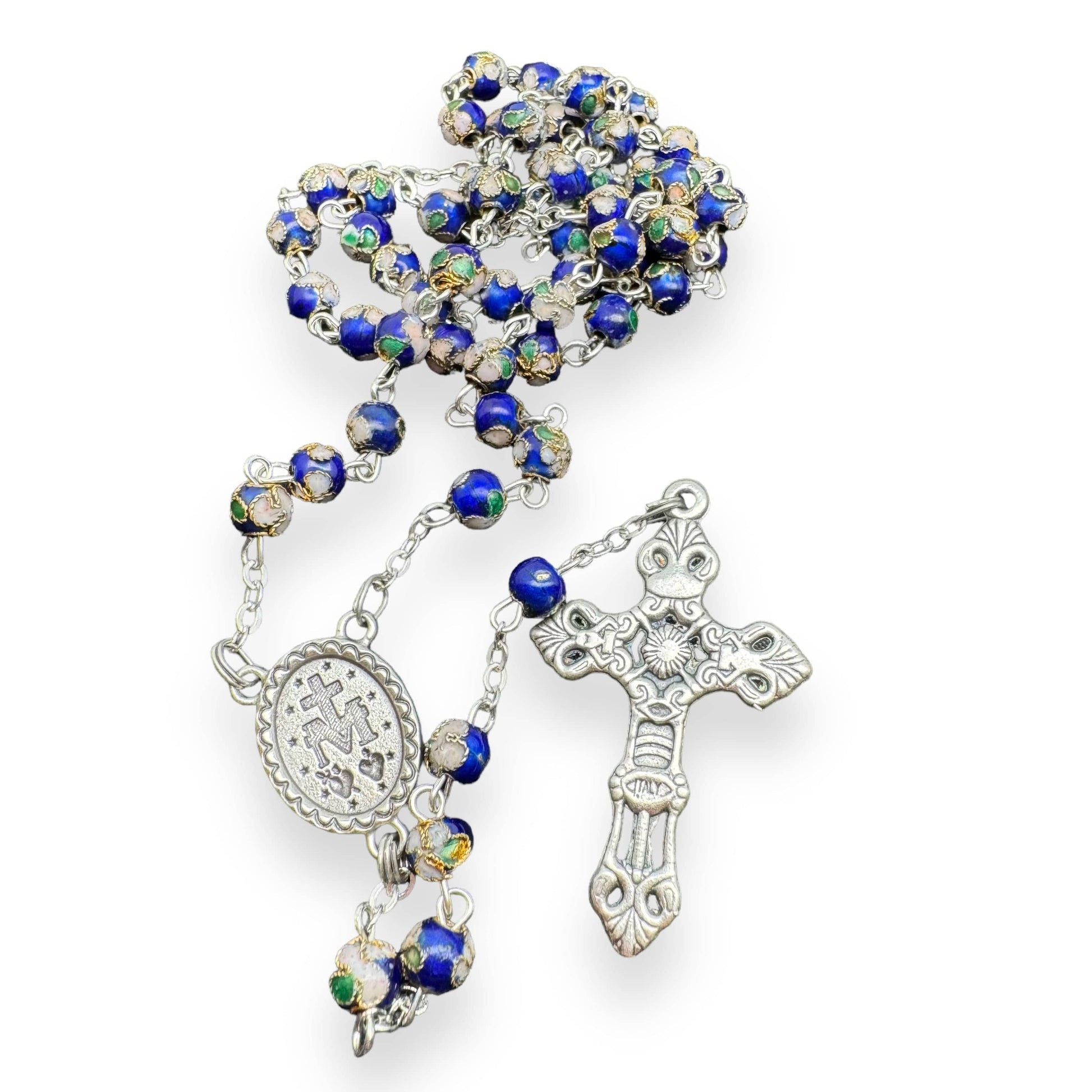 Catholically Rosaries Blue Cloisonne Rosary Small Beads - Catholic - Blessed By Pope  w/ Parchment