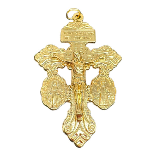 Catholically Crucifix Gold Tone 3-Way Pardon Indulgence Crucifix w/ St. Benedict & Miraculous Medals - 2" 1/8