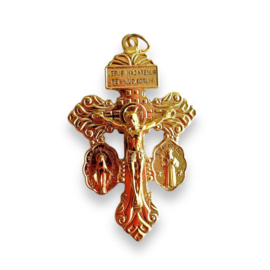 Catholically Crucifix Gold Tone 3-Way Pardon Indulgence Crucifix w/ St. Benedict & Miraculous Medals - 2" 1/8