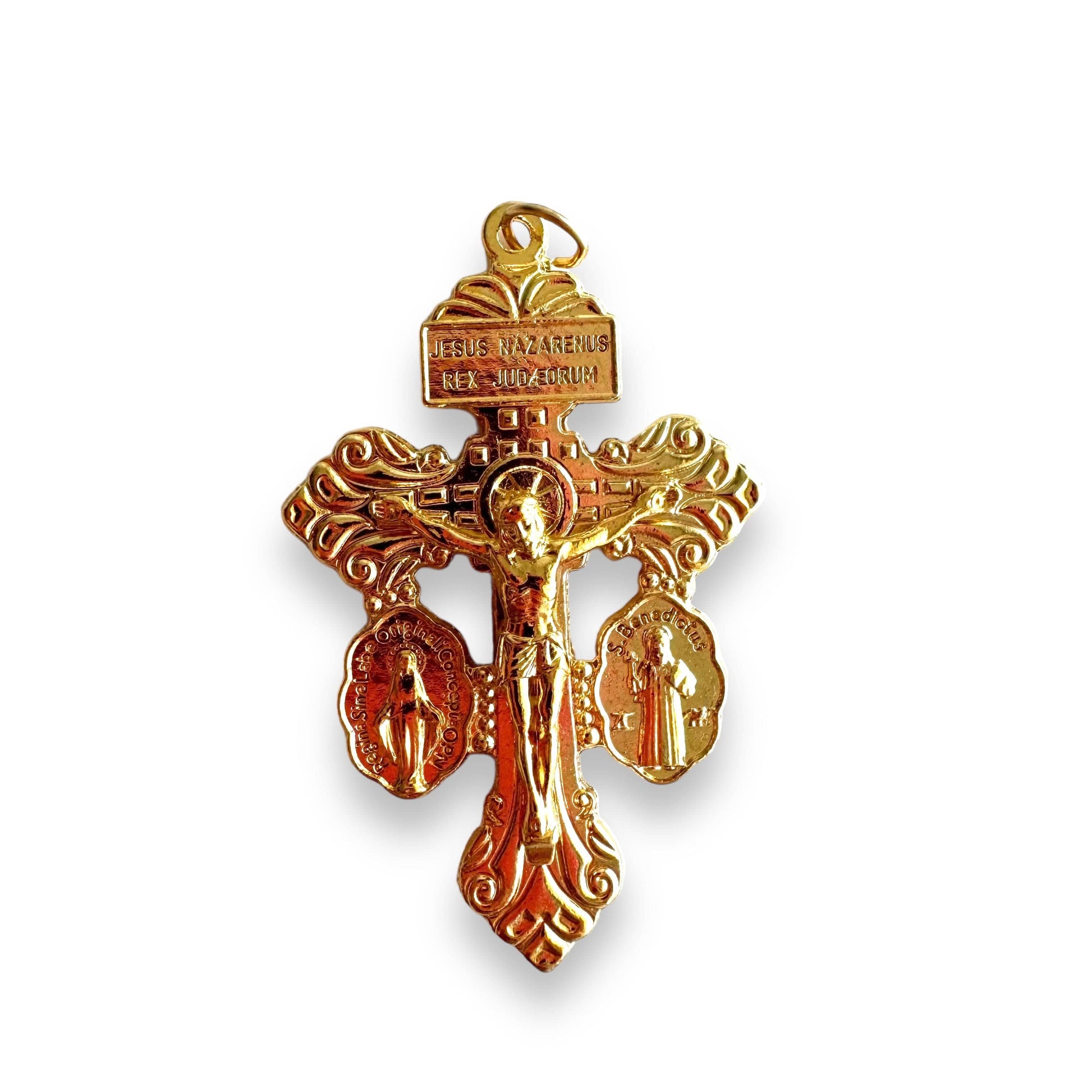 Catholically Crucifix Gold Tone 3-Way Pardon Indulgence Crucifix w/ St. Benedict & Miraculous Medals - 2" 1/8