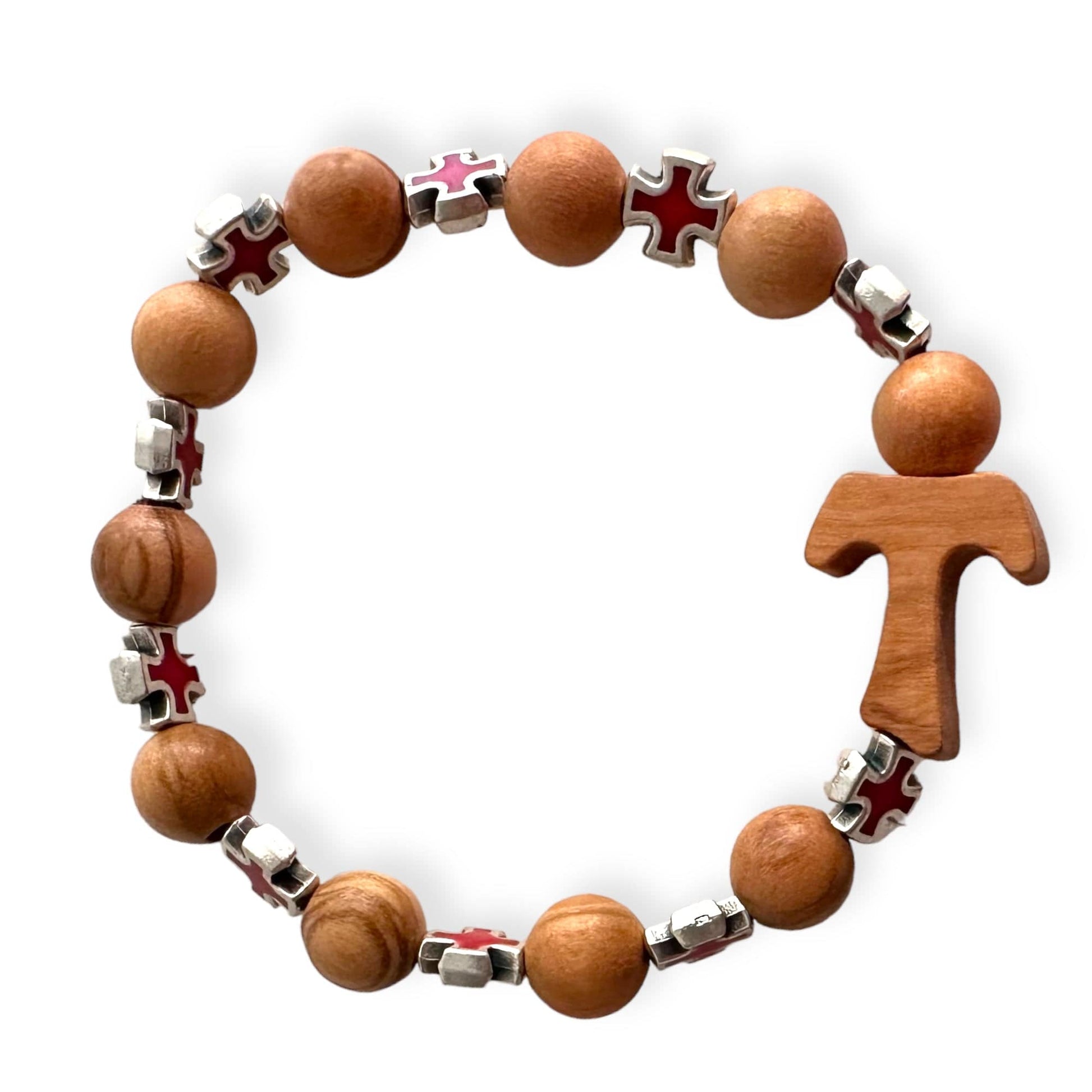 Catholically Bracelet Handcrafted Wooden Bracelet with Tau Cross and Red Celtic Crosses