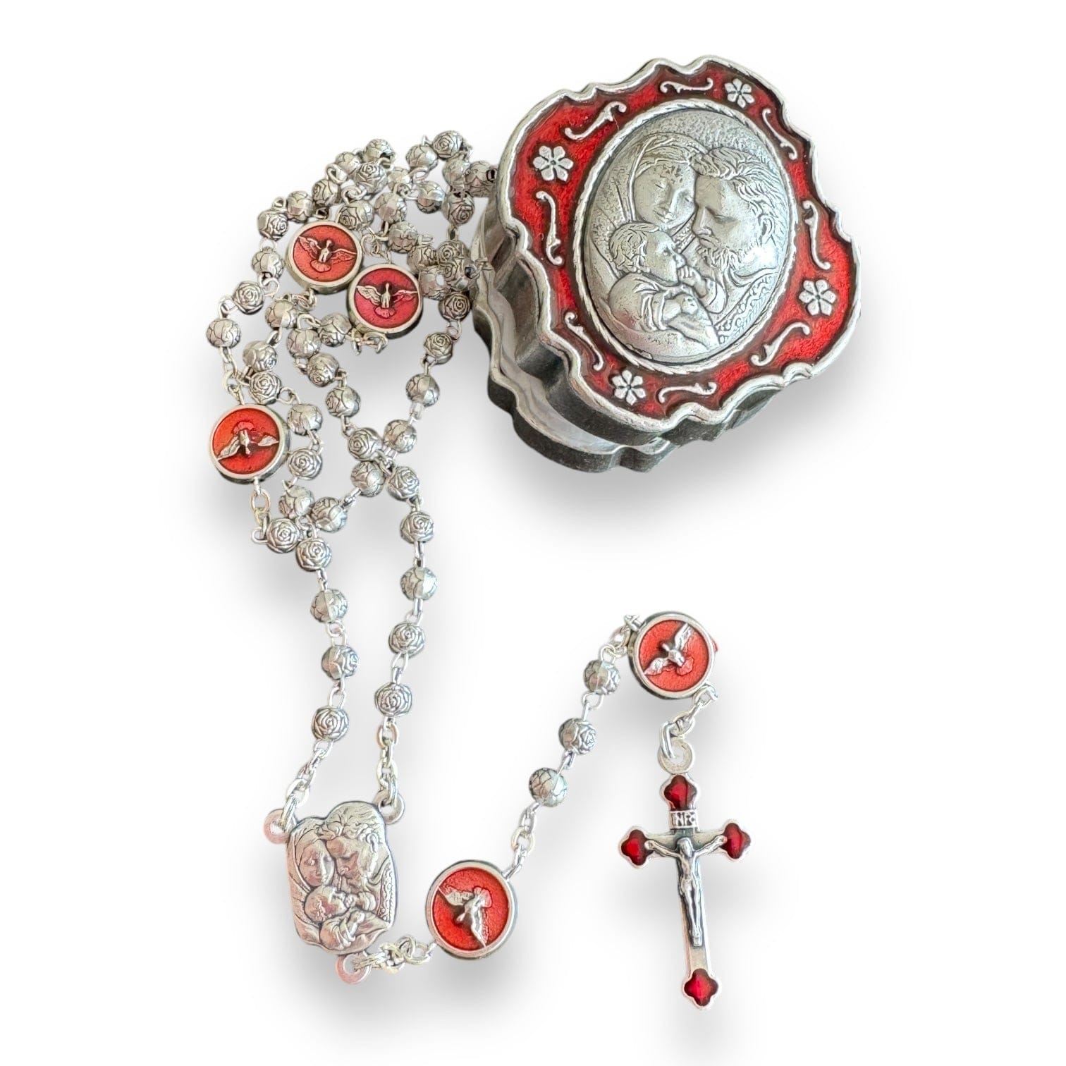 Catholically Rosaries Holy Family Tiny Rosary with Red Enamel Case