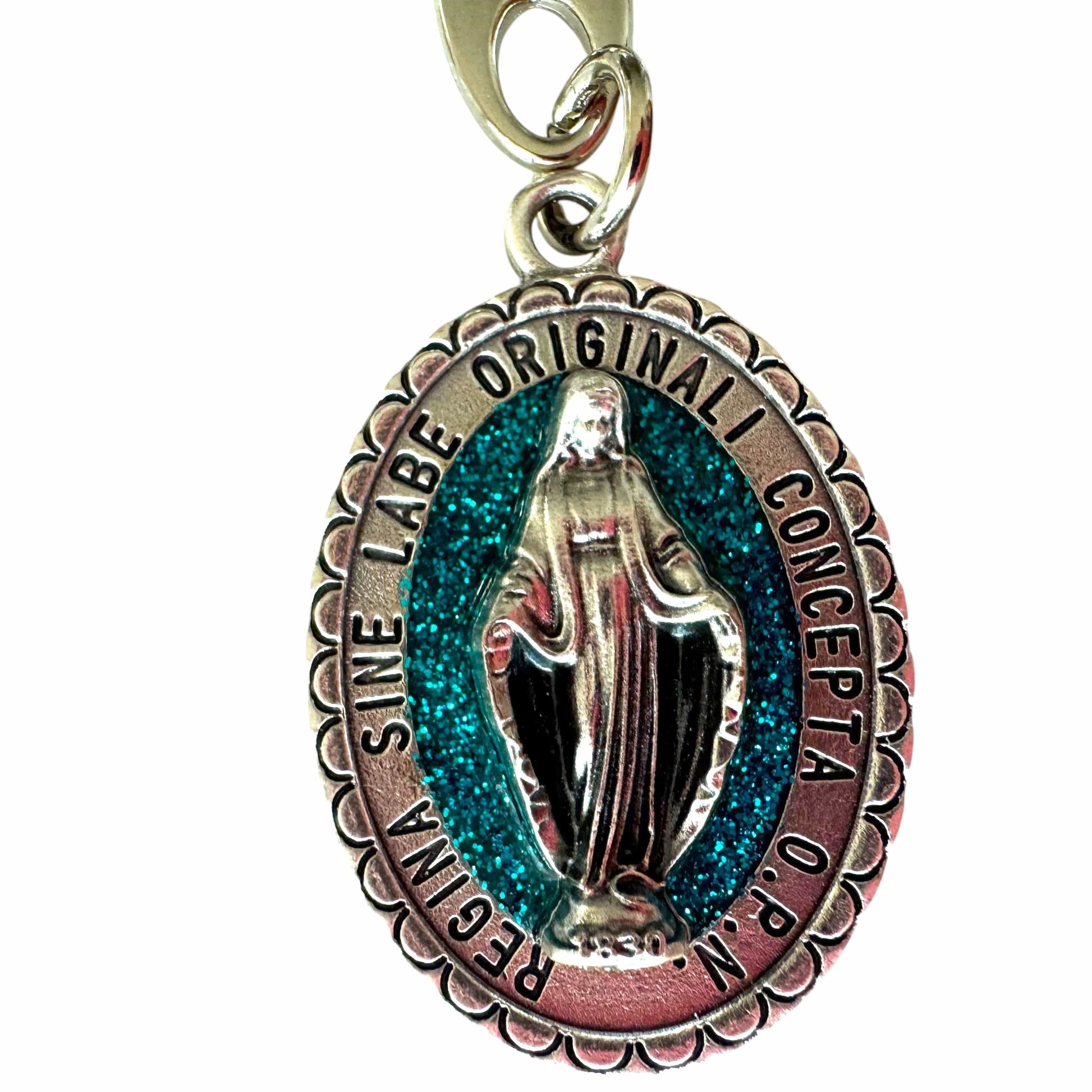 Catholically Keyring Miraculous Medal Keychain - Religious Key ring with Turquoise Glitter - Blessed By Pope