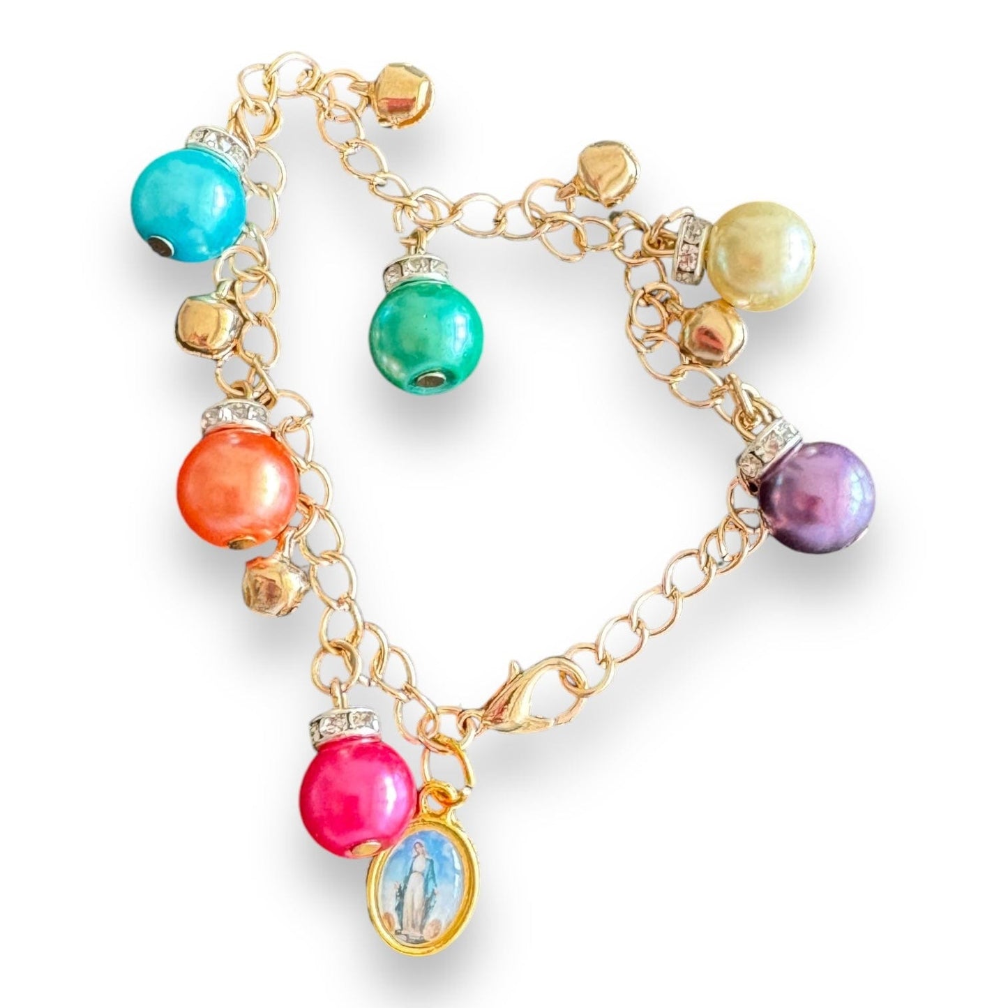 Catholically Bracelet Multicolored Pearl Charm Bracelet with Our Lady of Lourdes Medal