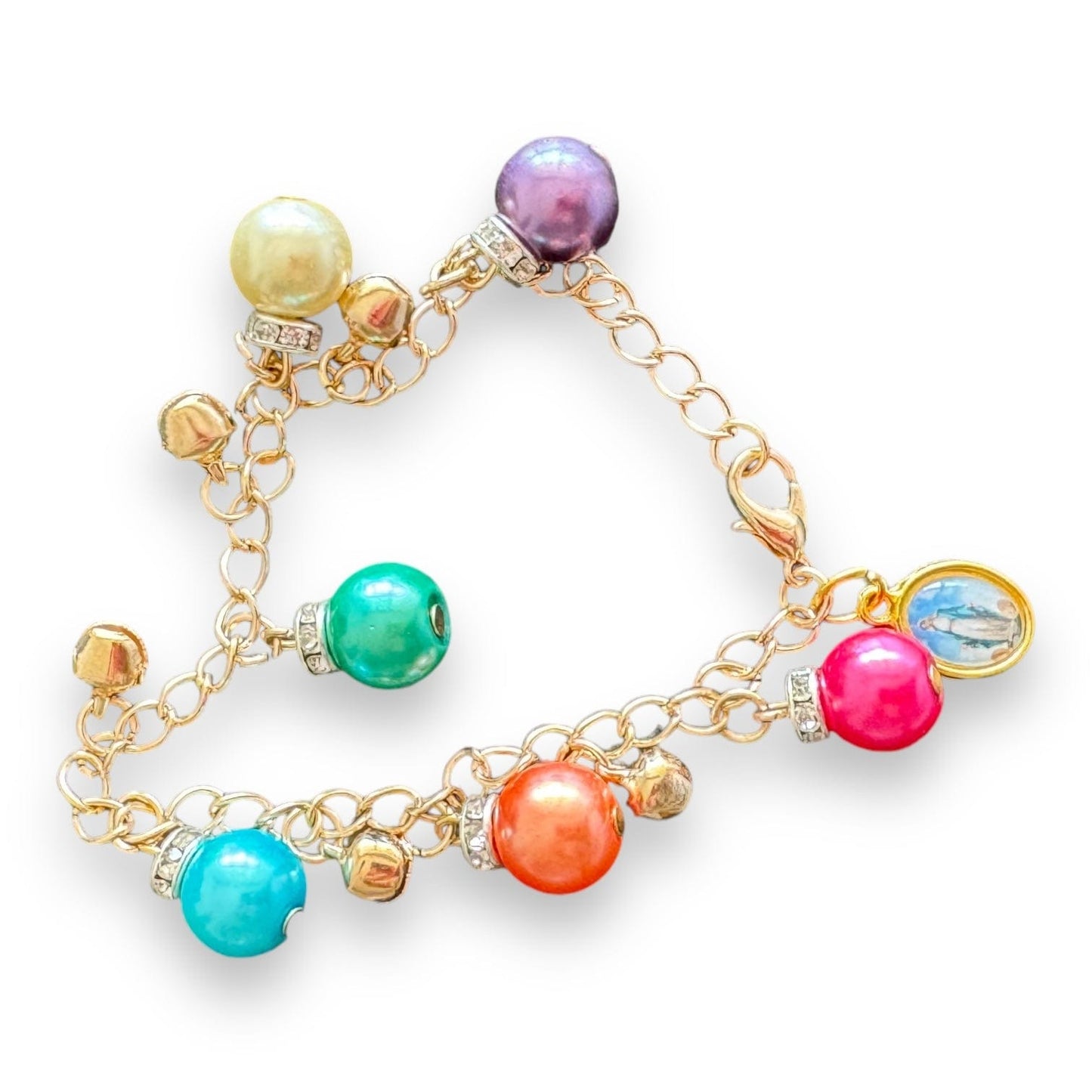 Catholically Bracelet Multicolored Pearl Charm Bracelet with Our Lady of Lourdes Medal