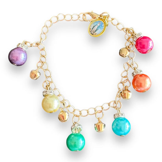 Catholically Bracelet Multicolored Pearl Charm Bracelet with Our Lady of Lourdes Medal