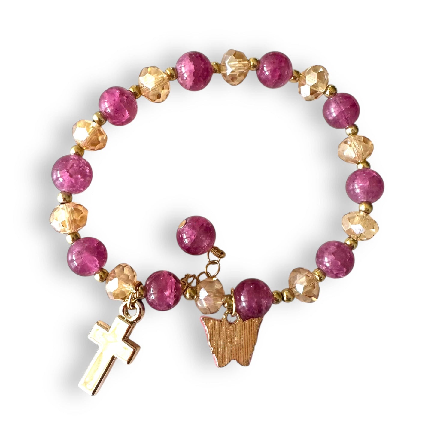 Catholically Bracelet Rose and Champagne Catholic Prayer Bracelet with Cross and Butterfly Charms