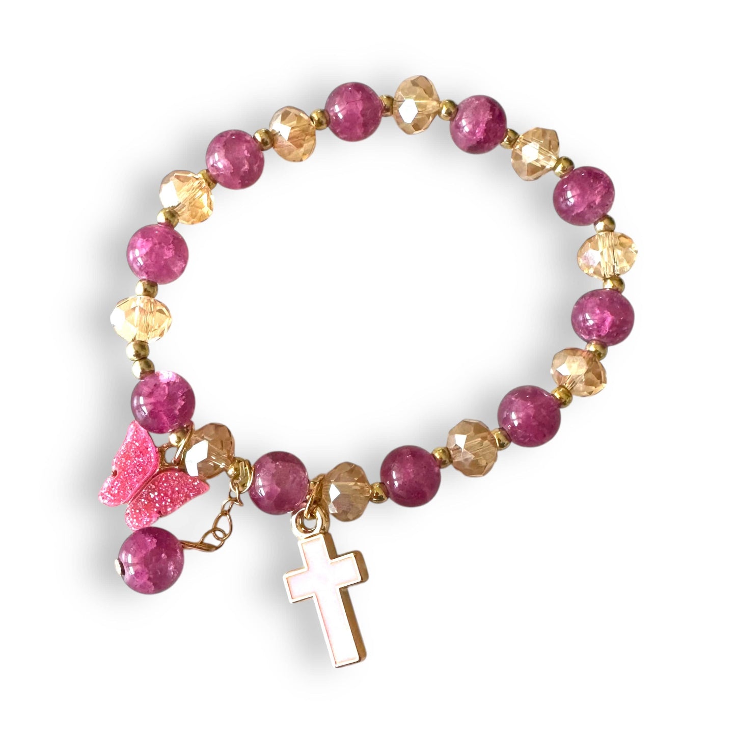 Catholically Bracelet Rose and Champagne Catholic Prayer Bracelet with Cross and Butterfly Charms