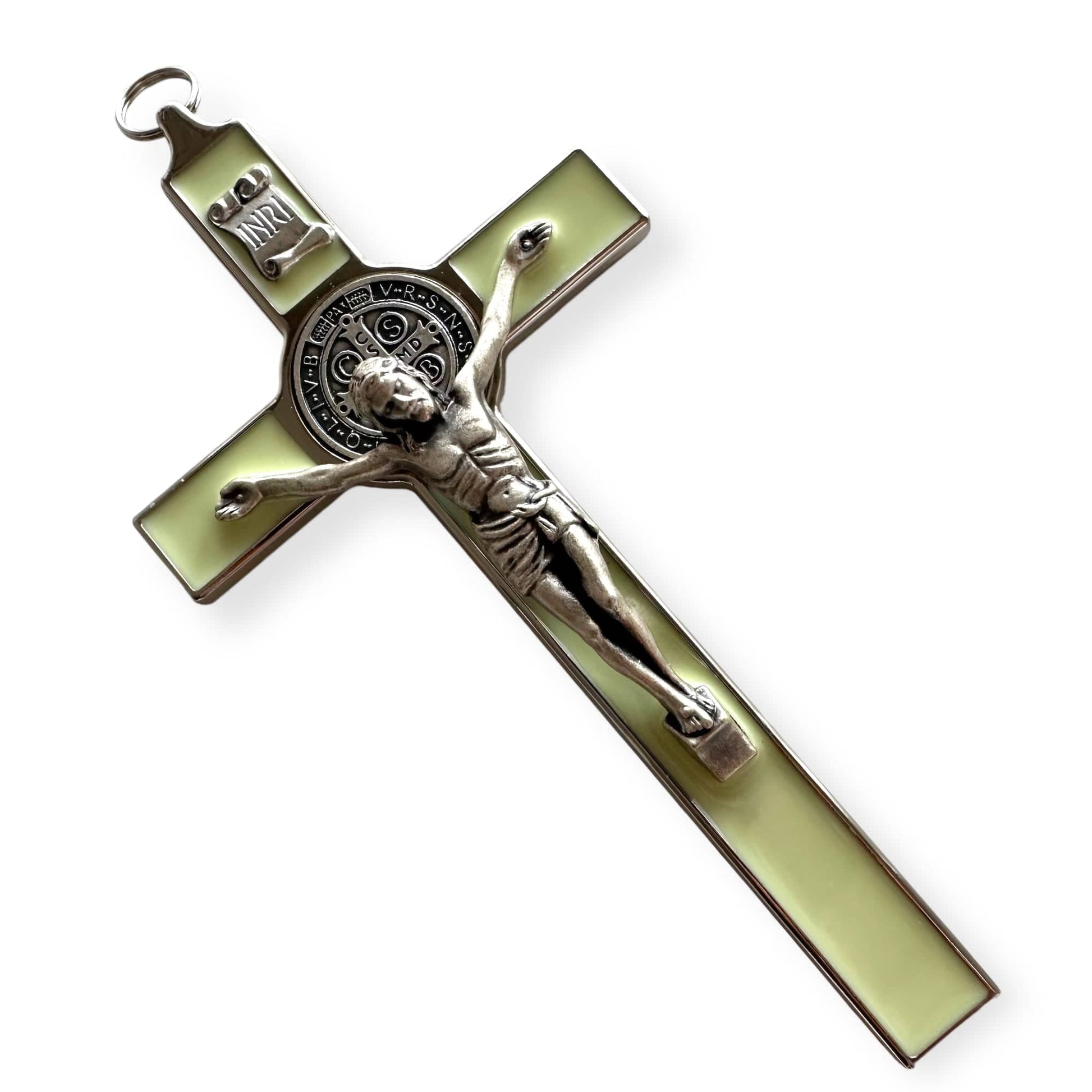 Catholically St Benedict Cross St. Benedict Wall Crucifix - Exorcism Cross - Blessed - 7.5" White Fluorescent