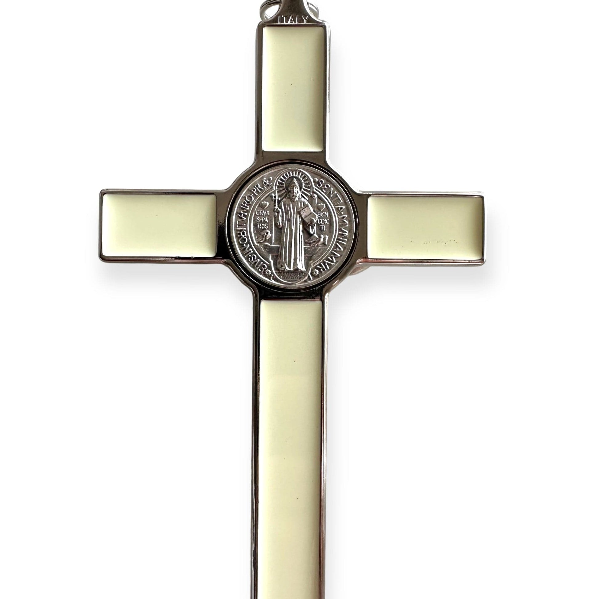 Catholically St Benedict Cross St. Benedict Wall Crucifix - Exorcism Cross - Blessed - 7.5" White Fluorescent
