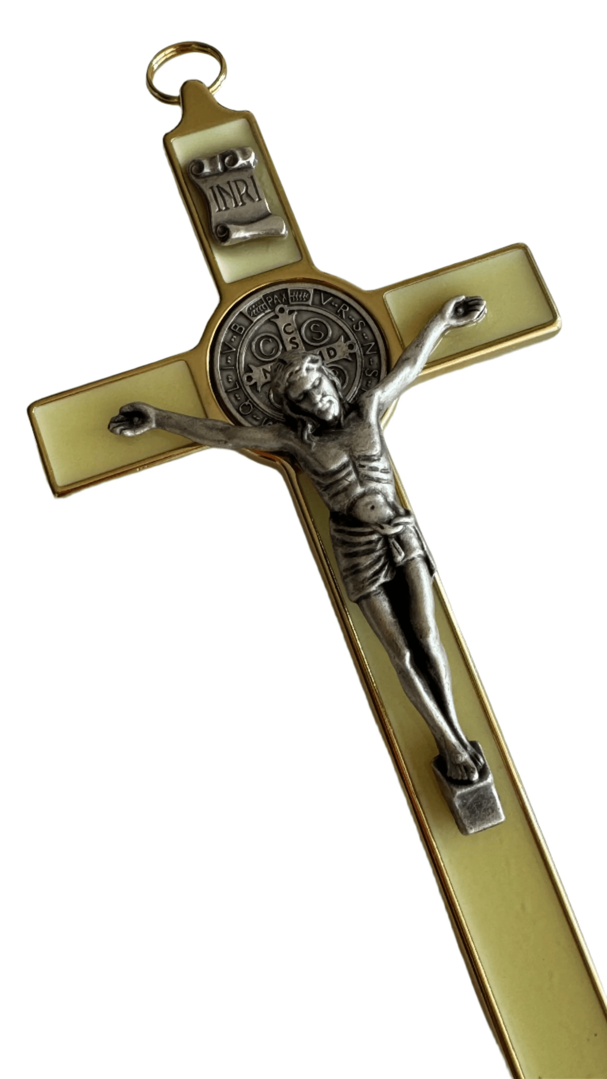 Catholically St Benedict Cross St. Benedict Wall Crucifix - Exorcism Cross - Blessed - 7.5" White Fluorescent