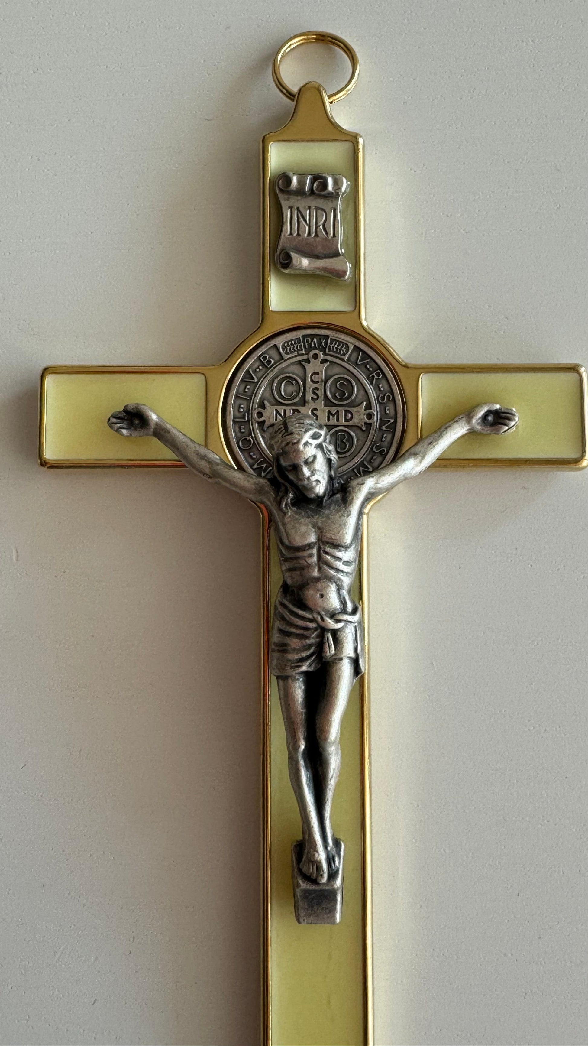 Catholically St Benedict Cross St. Benedict Wall Crucifix - Exorcism Cross - Blessed - 7.5" White Fluorescent