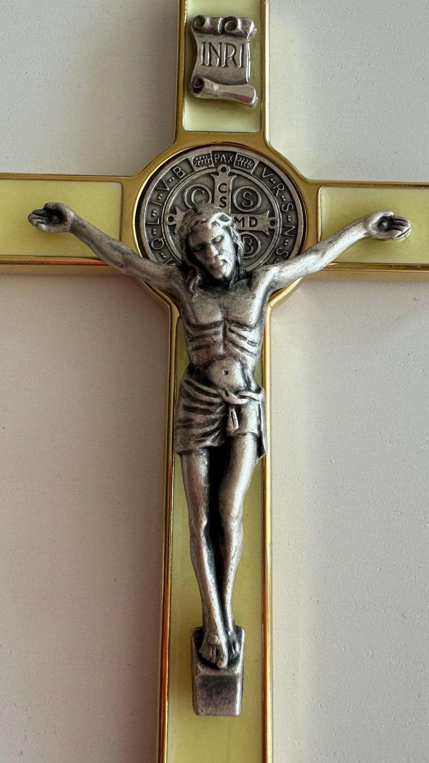 Catholically St Benedict Cross St. Benedict Wall Crucifix - Exorcism Cross - Blessed - 7.5" White Fluorescent