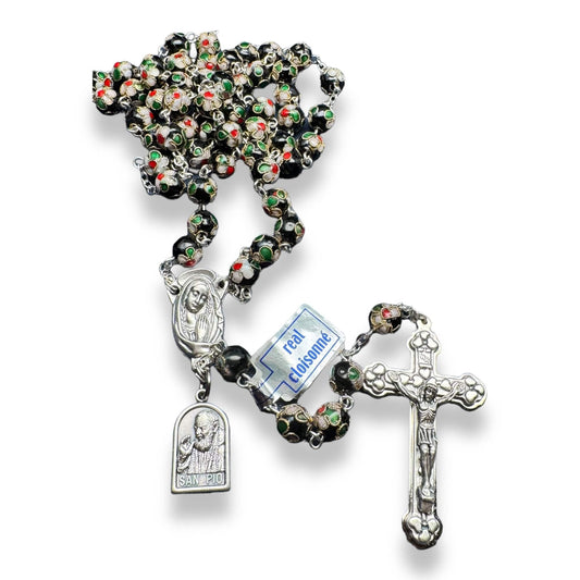 Catholically Rosaries St. Padre Pio Relic Black Cloisonne Rosary  - Blessed By Pope Francis