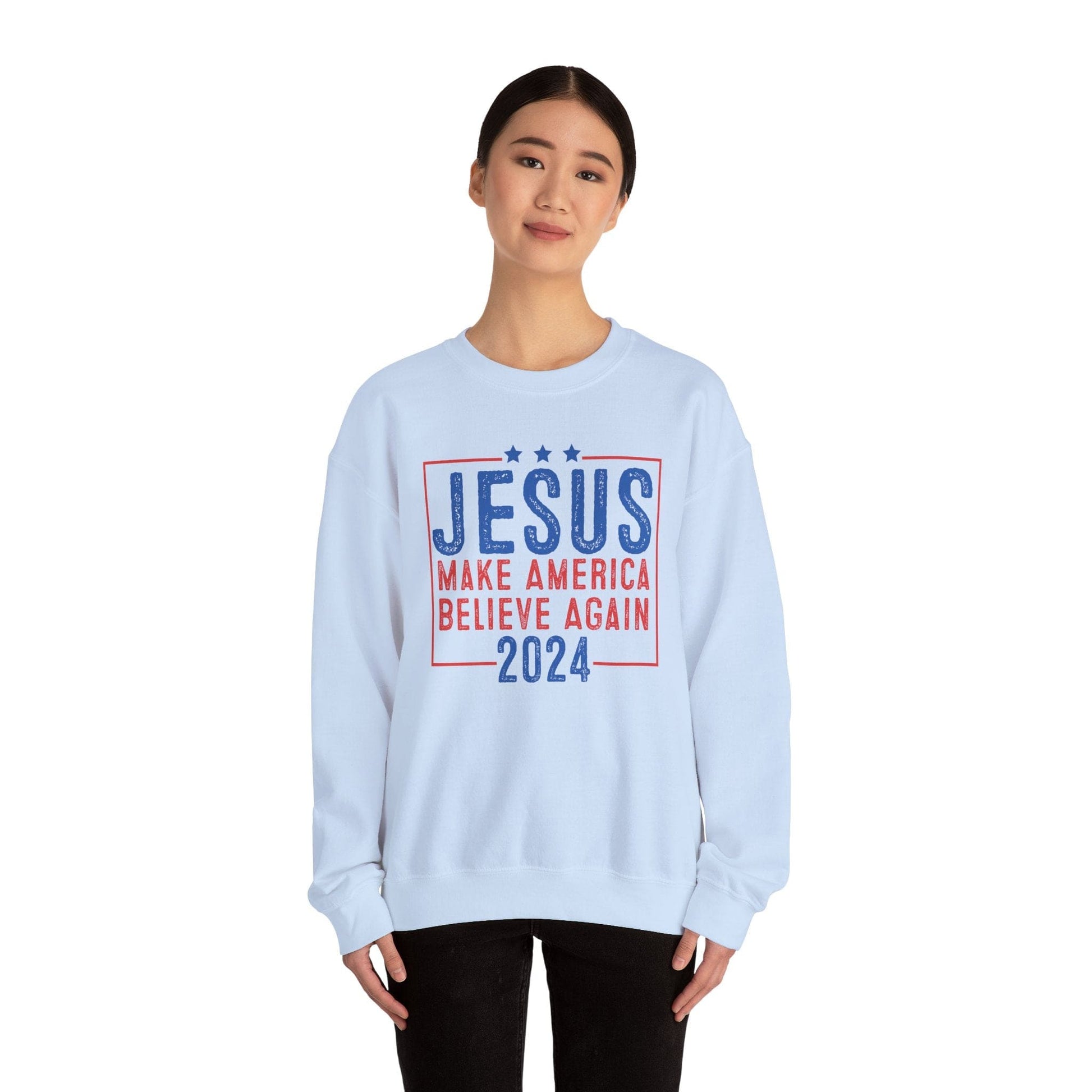 Printify Sweatshirt Unisex Sweatshirt Jesus Make America Believe Again 2024