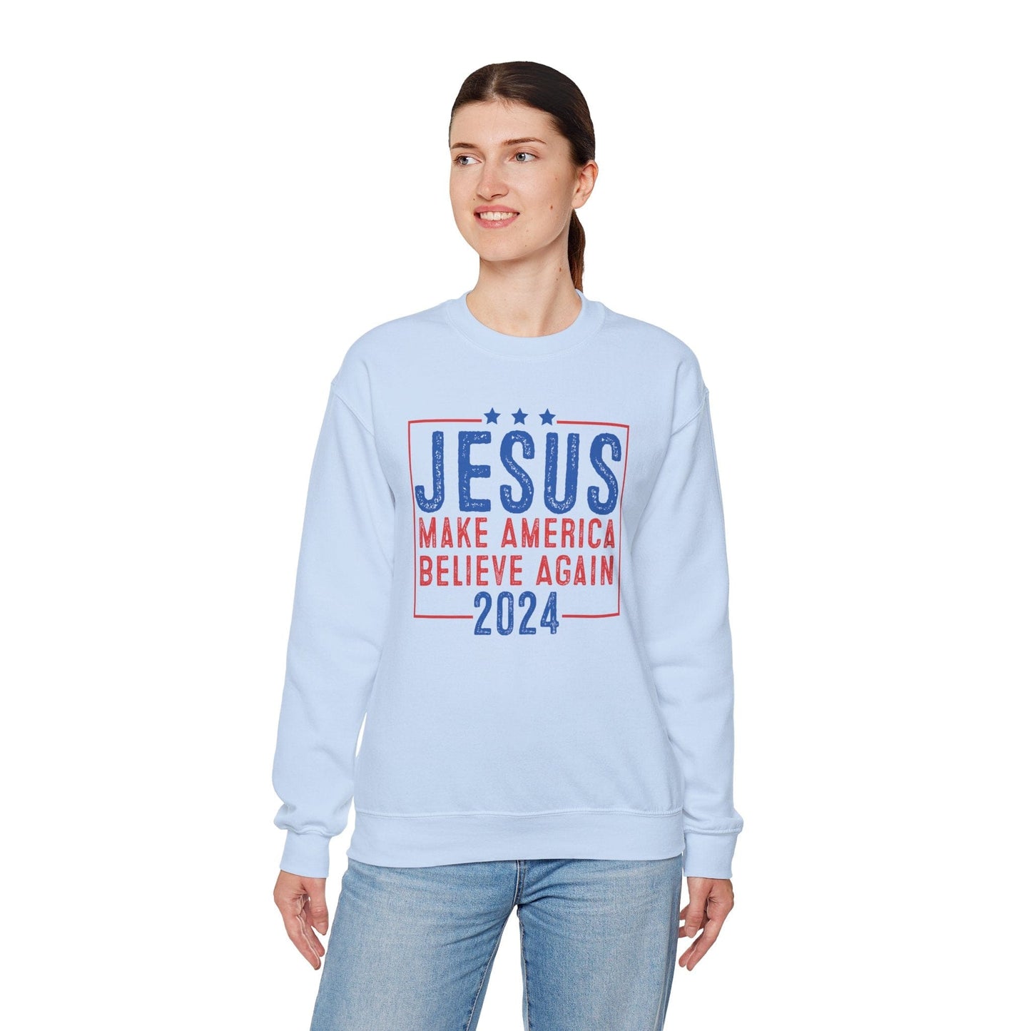 Printify Sweatshirt Unisex Sweatshirt Jesus Make America Believe Again 2024