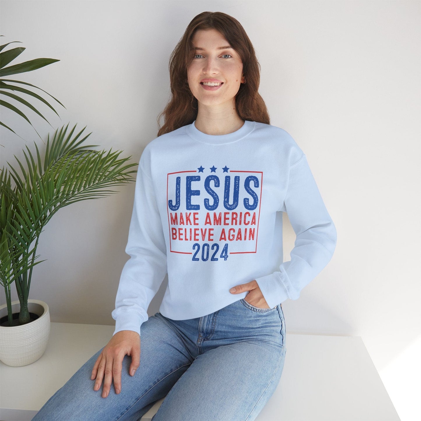 Printify Sweatshirt Unisex Sweatshirt Jesus Make America Believe Again 2024