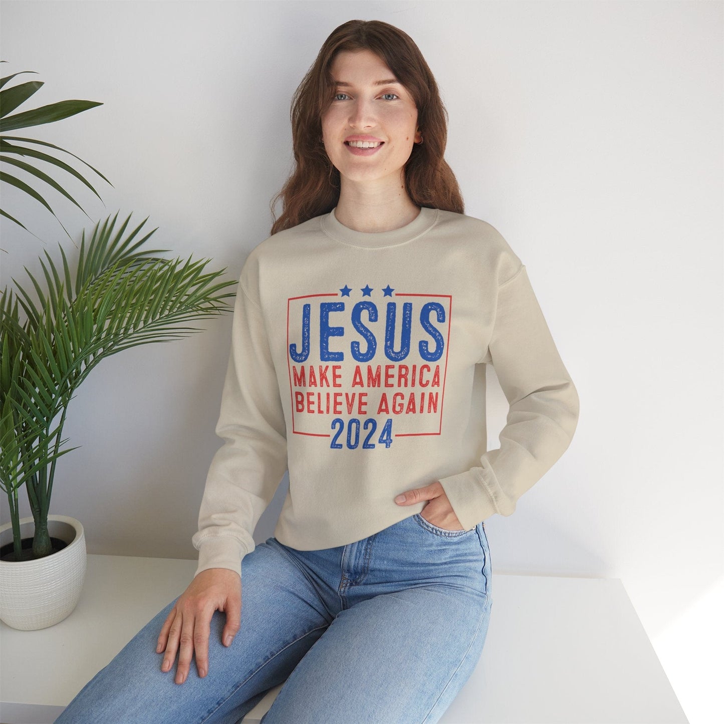 Printify Sweatshirt Unisex Sweatshirt Jesus Make America Believe Again 2024