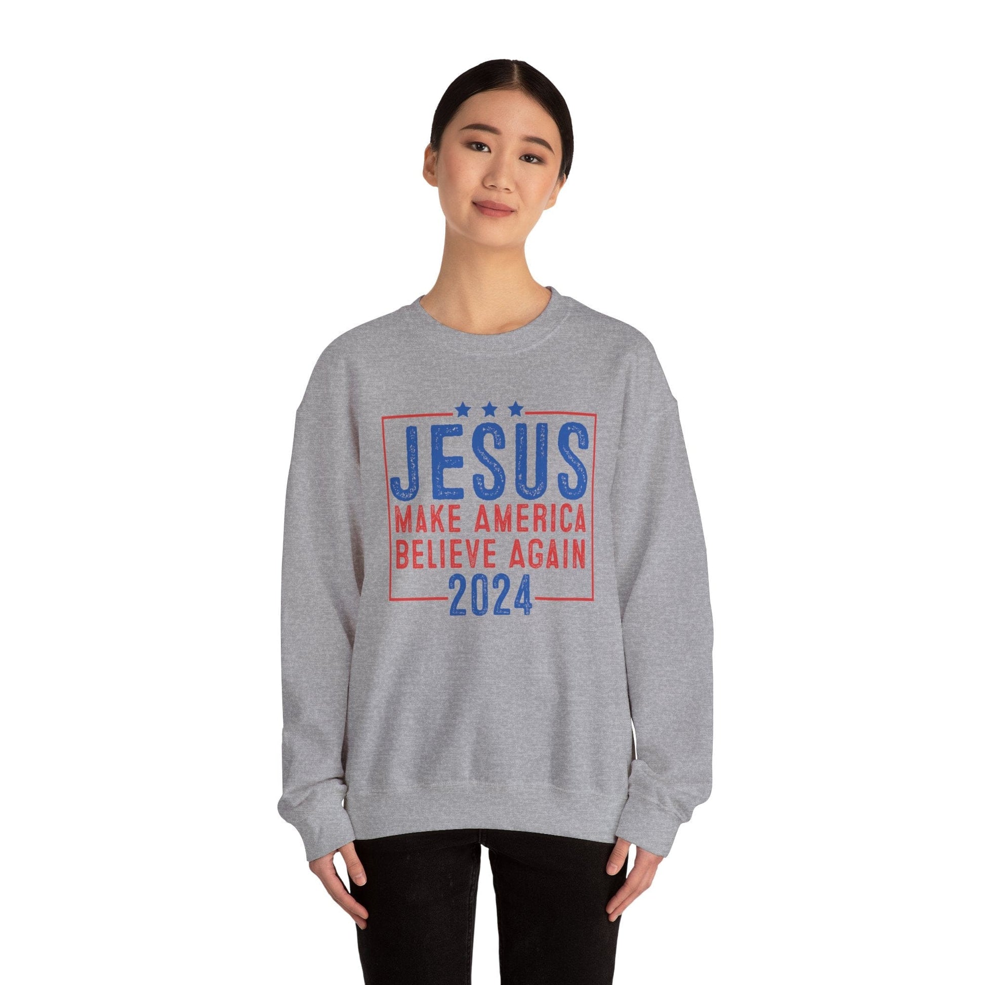 Printify Sweatshirt Unisex Sweatshirt Jesus Make America Believe Again 2024