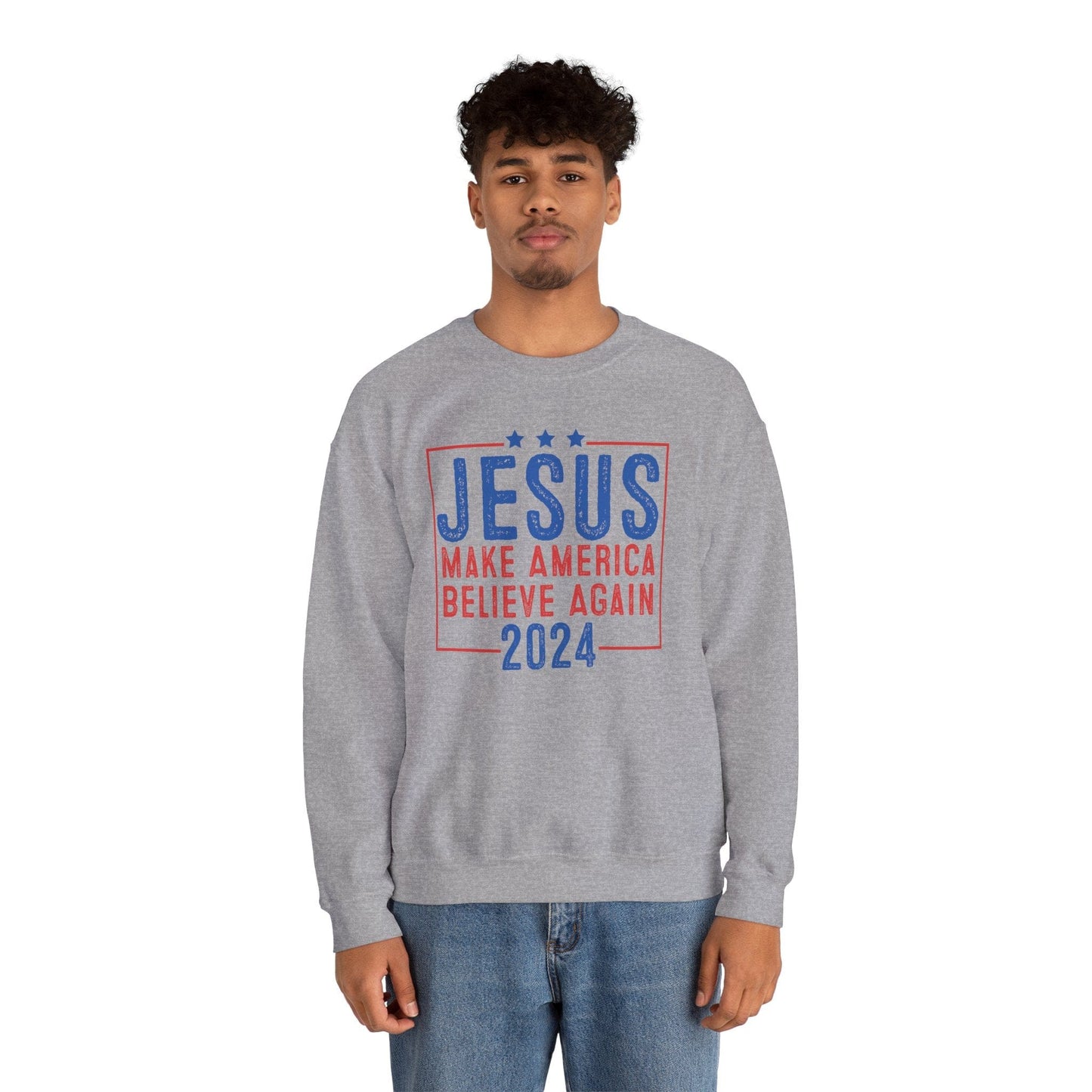 Printify Sweatshirt Unisex Sweatshirt Jesus Make America Believe Again 2024