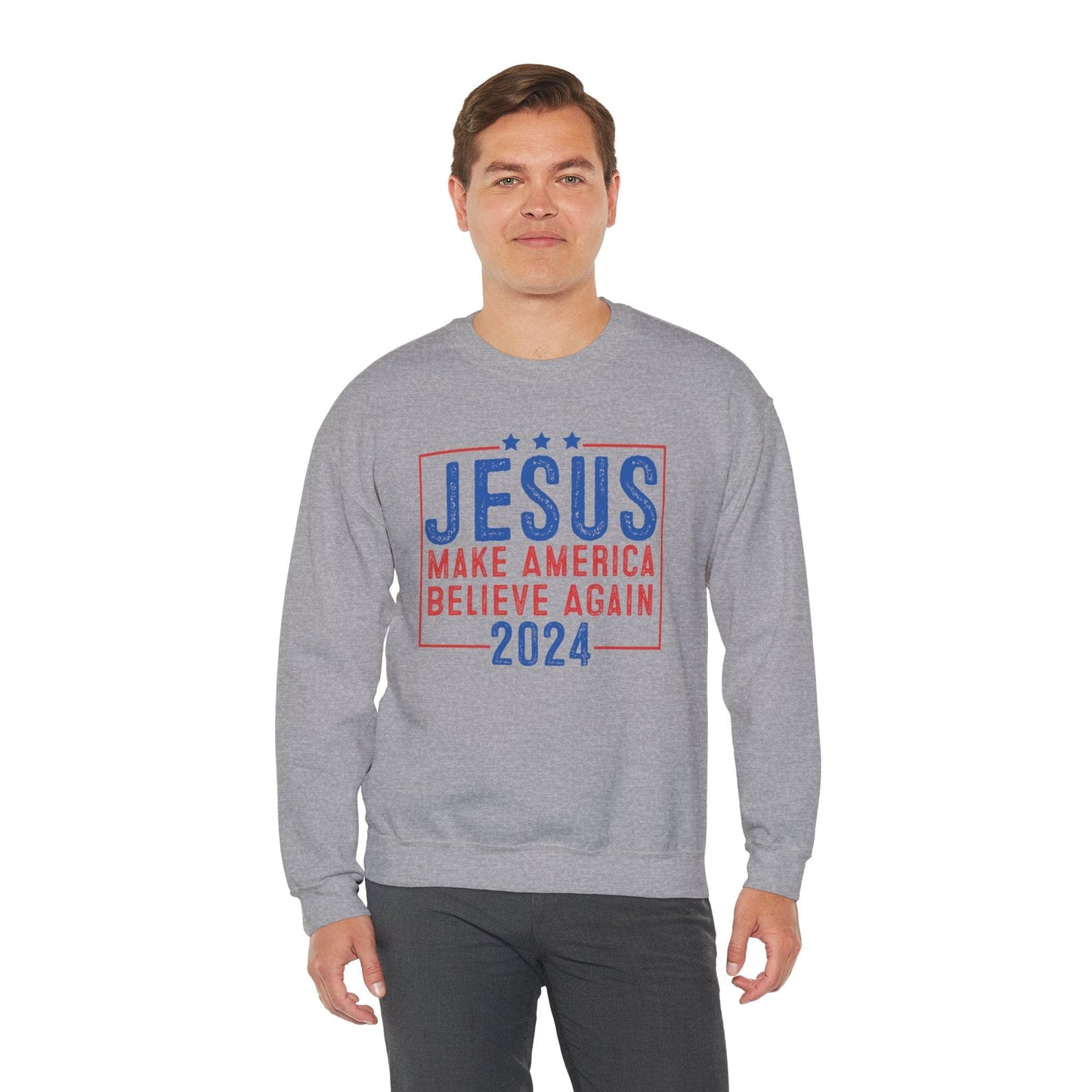 Printify Sweatshirt Unisex Sweatshirt Jesus Make America Believe Again 2024