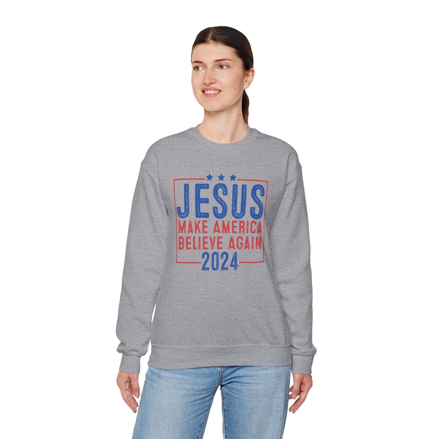 Printify Sweatshirt Unisex Sweatshirt Jesus Make America Believe Again 2024