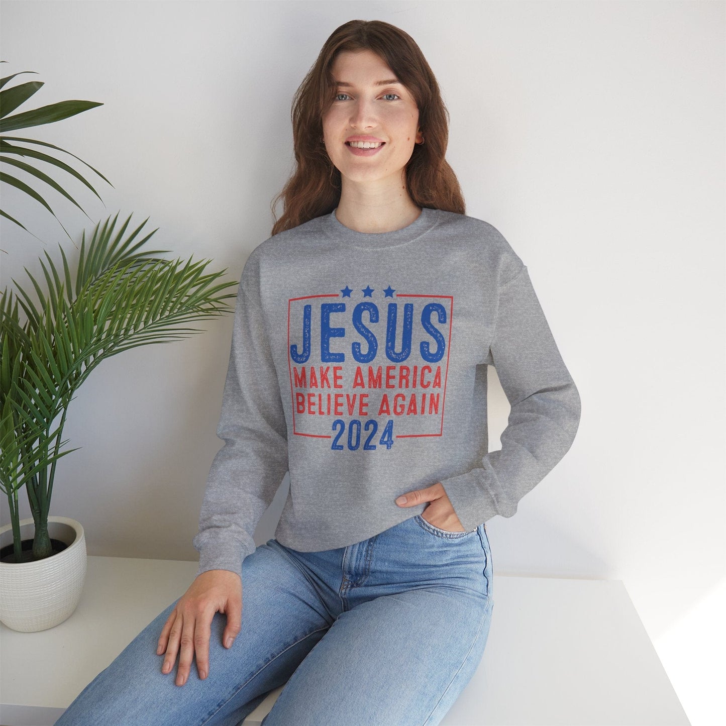 Printify Sweatshirt Unisex Sweatshirt Jesus Make America Believe Again 2024