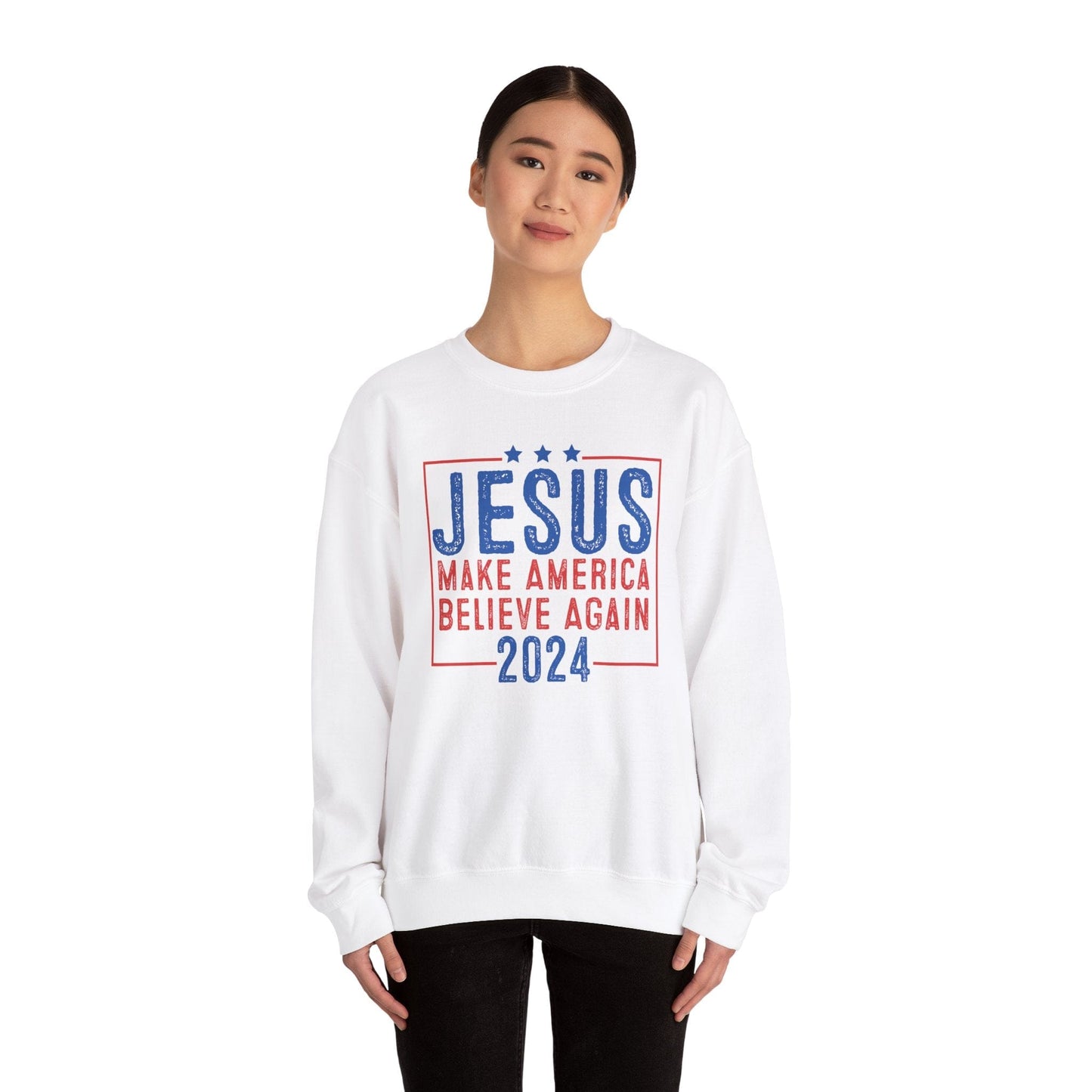 Printify Sweatshirt Unisex Sweatshirt Jesus Make America Believe Again 2024