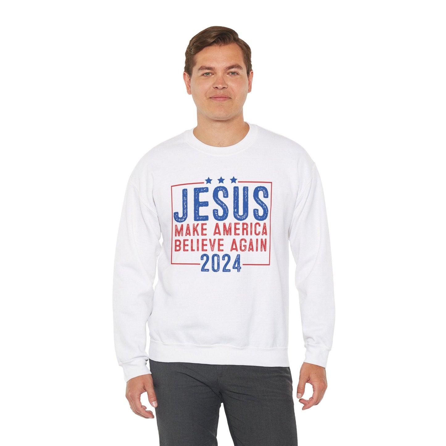 Printify Sweatshirt Unisex Sweatshirt Jesus Make America Believe Again 2024