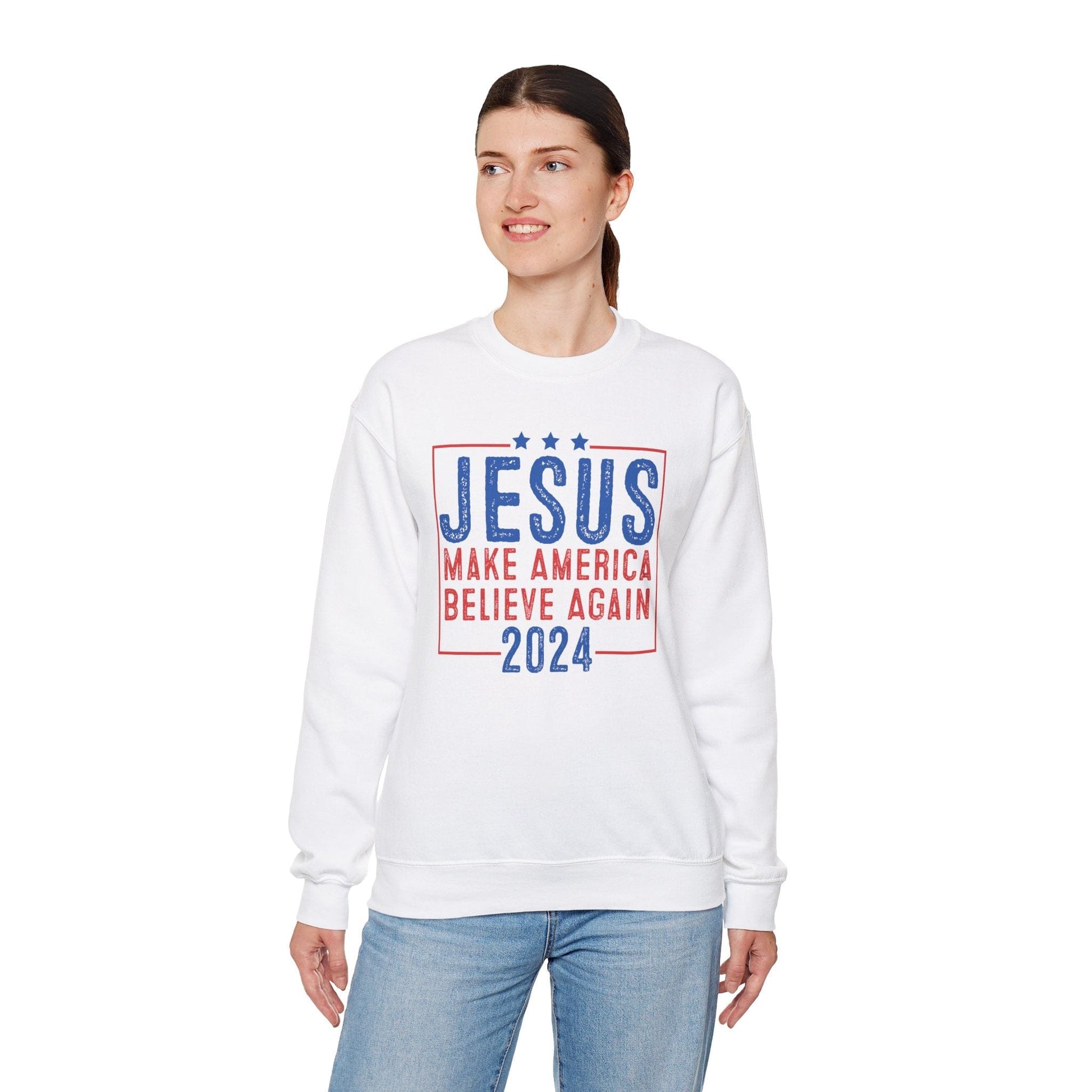 Printify Sweatshirt Unisex Sweatshirt Jesus Make America Believe Again 2024