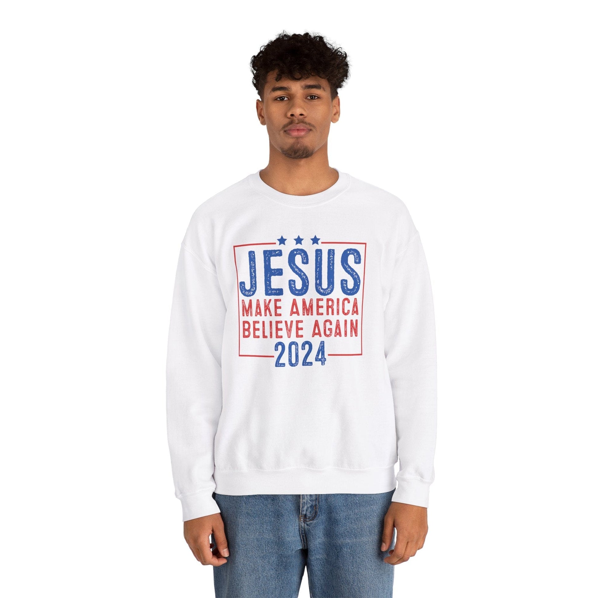 Printify Sweatshirt Unisex Sweatshirt Jesus Make America Believe Again 2024