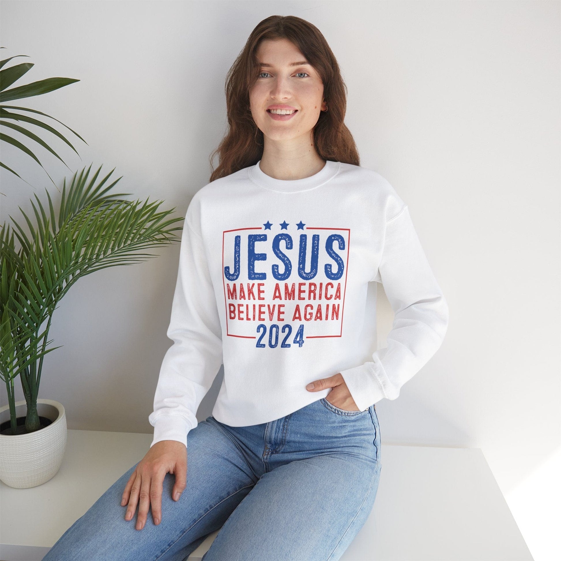 Printify Sweatshirt Unisex Sweatshirt Jesus Make America Believe Again 2024