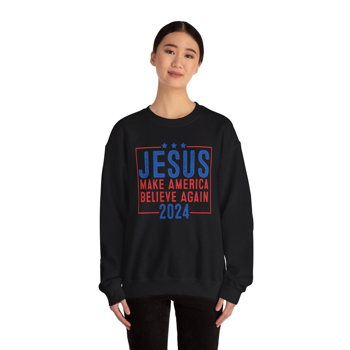 Printify Sweatshirt Unisex Sweatshirt Jesus Make America Believe Again 2024