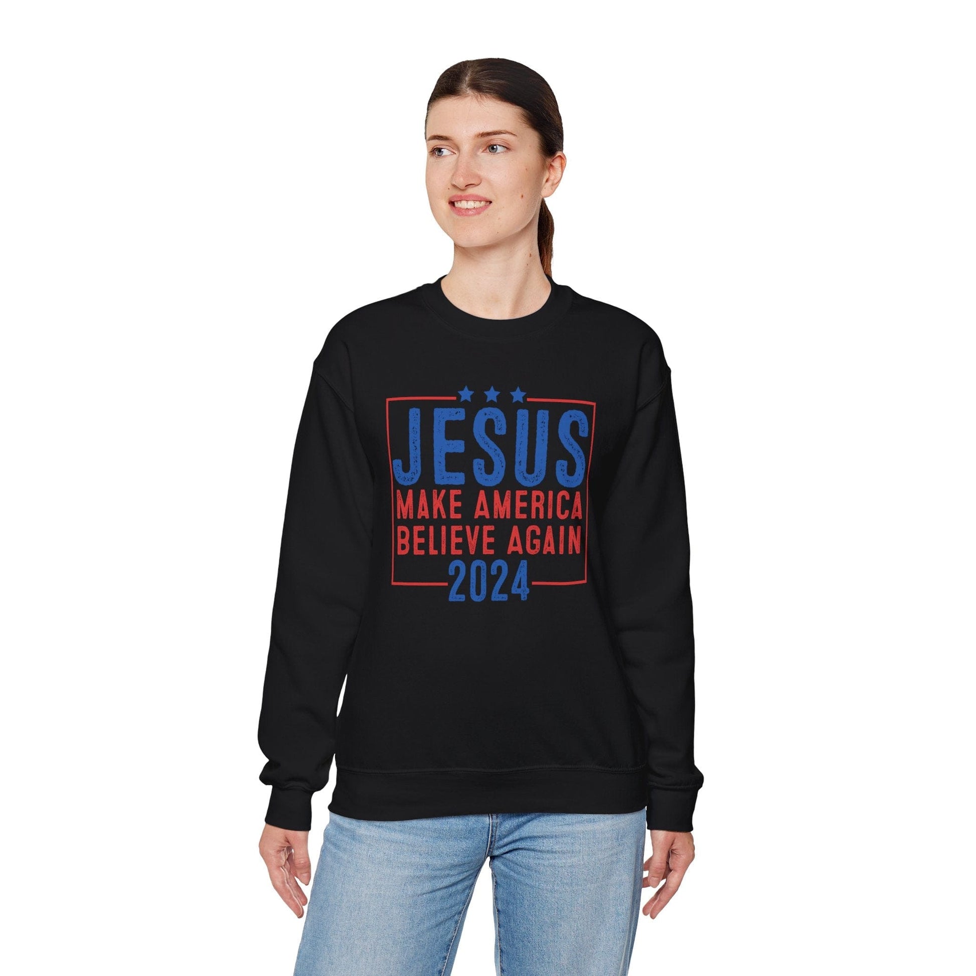 Printify Sweatshirt Unisex Sweatshirt Jesus Make America Believe Again 2024