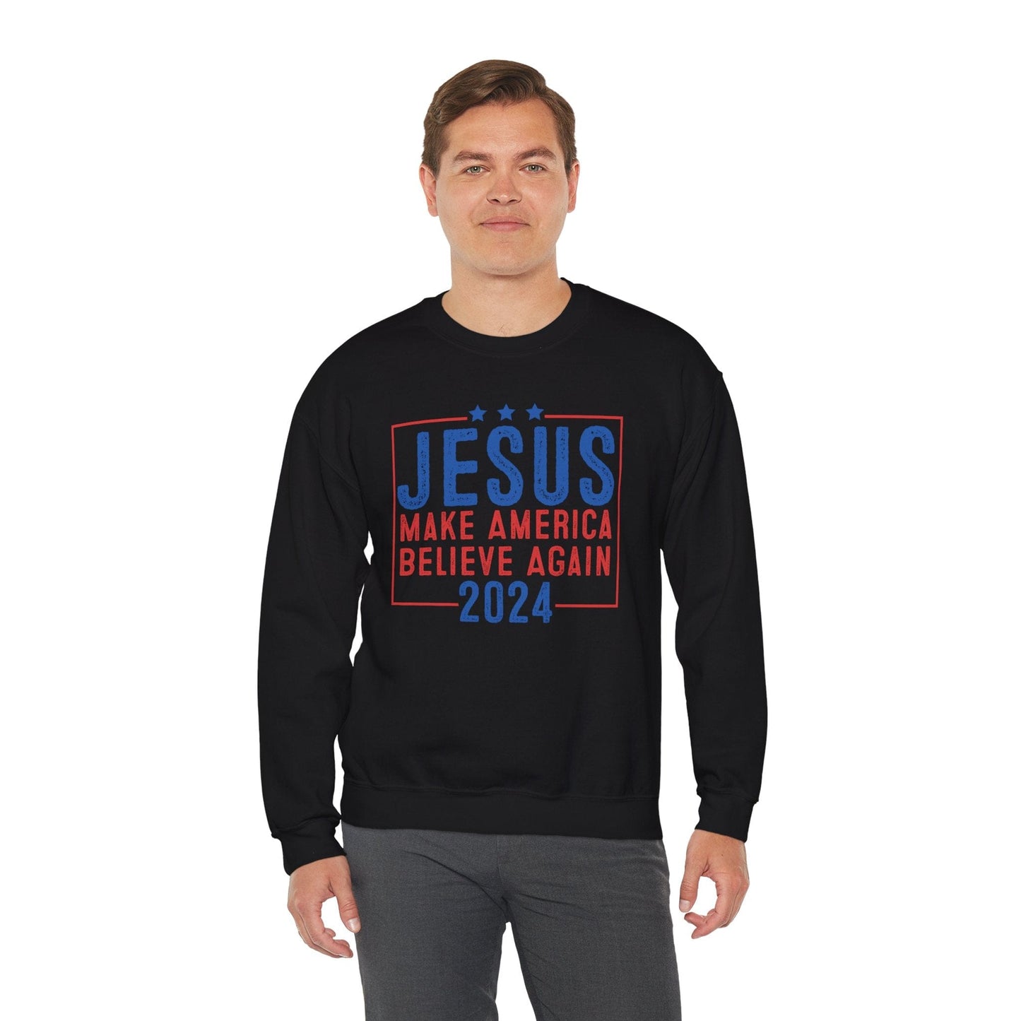 Printify Sweatshirt Unisex Sweatshirt Jesus Make America Believe Again 2024