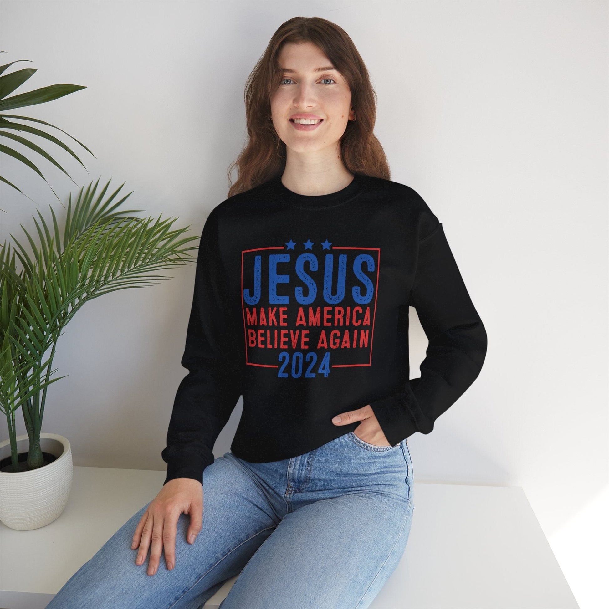 Printify Sweatshirt Unisex Sweatshirt Jesus Make America Believe Again 2024