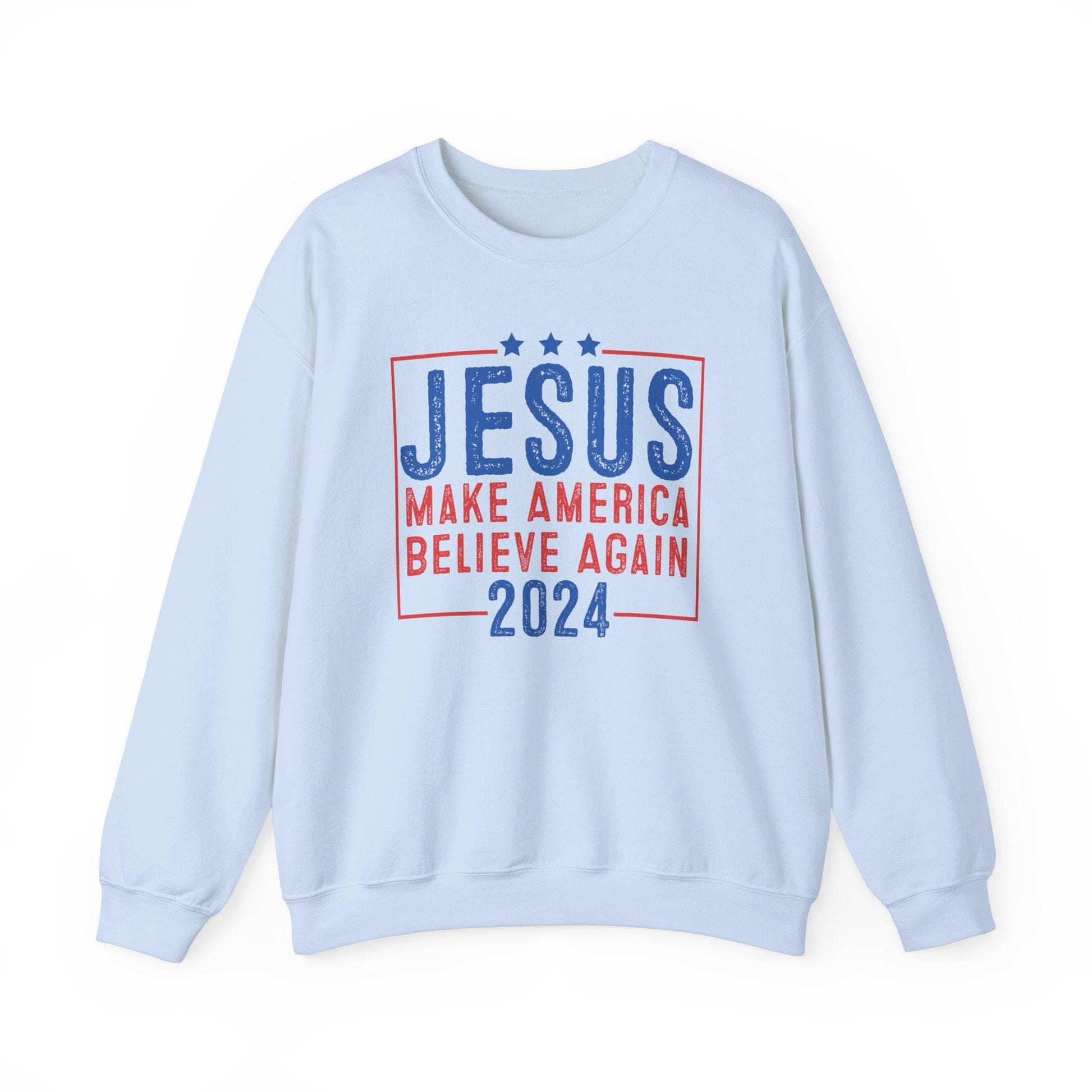 Printify Sweatshirt S / Light Blue Unisex Sweatshirt Jesus Make America Believe Again 2024