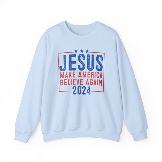 Printify Sweatshirt S / Light Blue Unisex Sweatshirt Jesus Make America Believe Again 2024