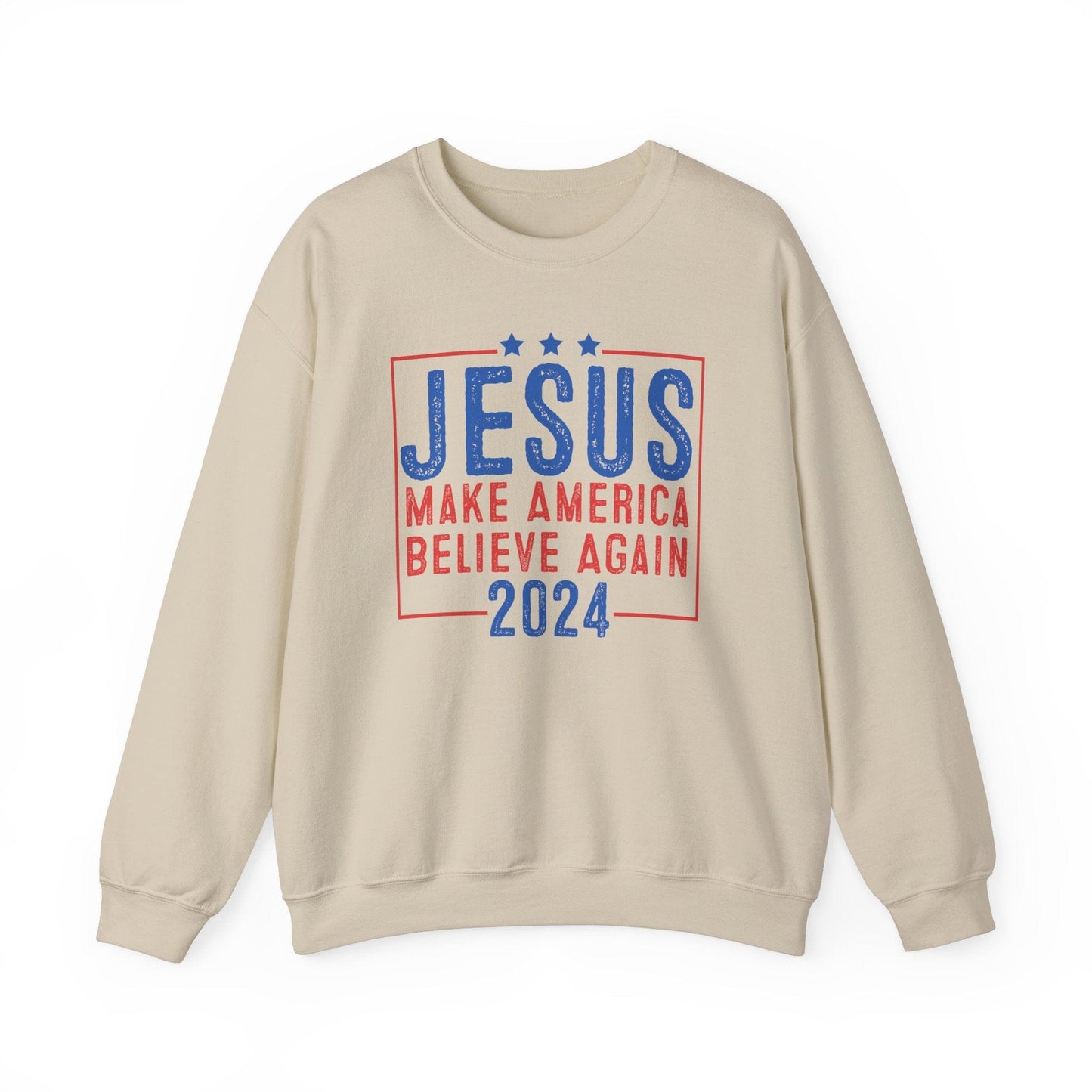 Printify Sweatshirt S / Sand Unisex Sweatshirt Jesus Make America Believe Again 2024