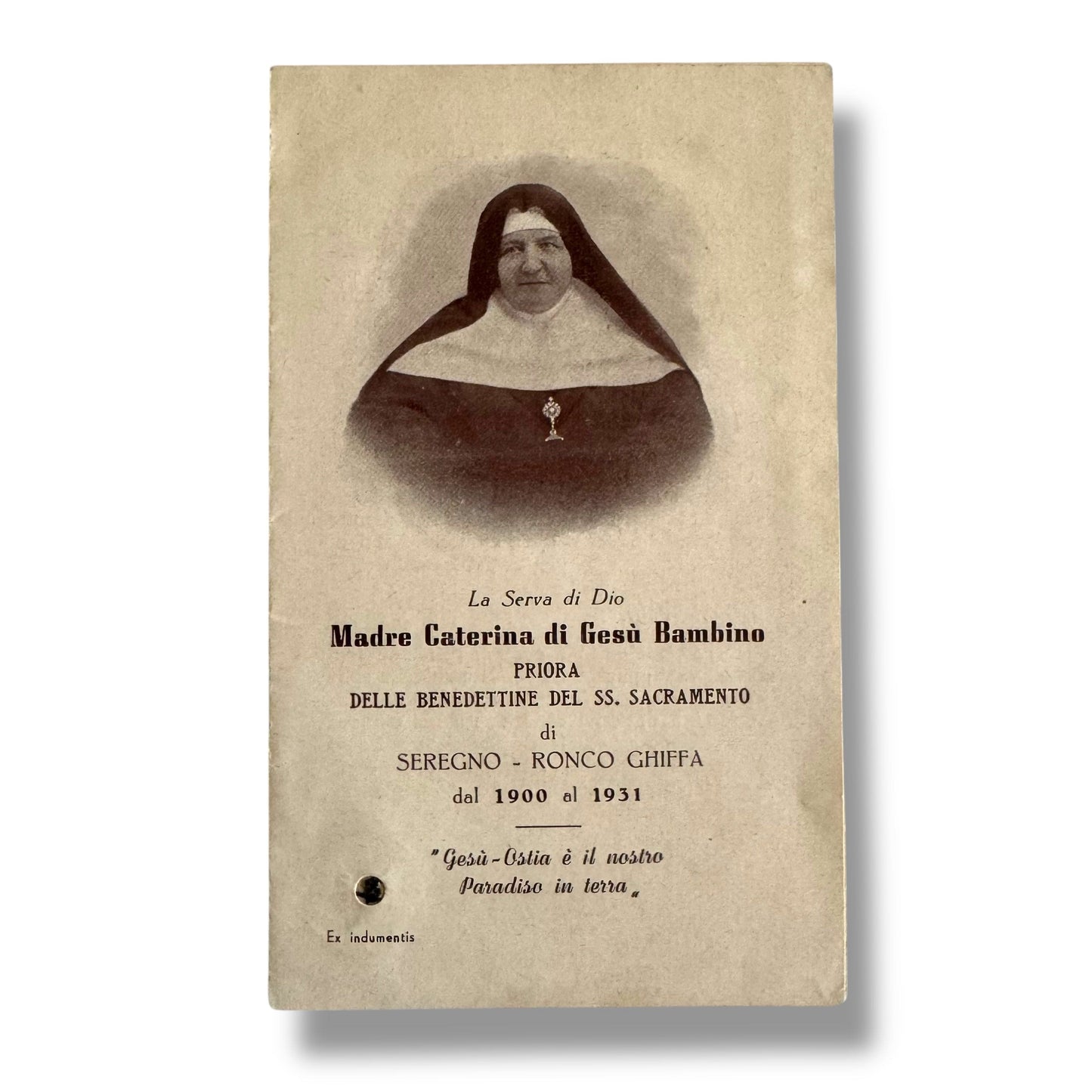 Catholically Holy Card Vintage Holy Card of Madre Caterina di Gesù Bambino with Relic