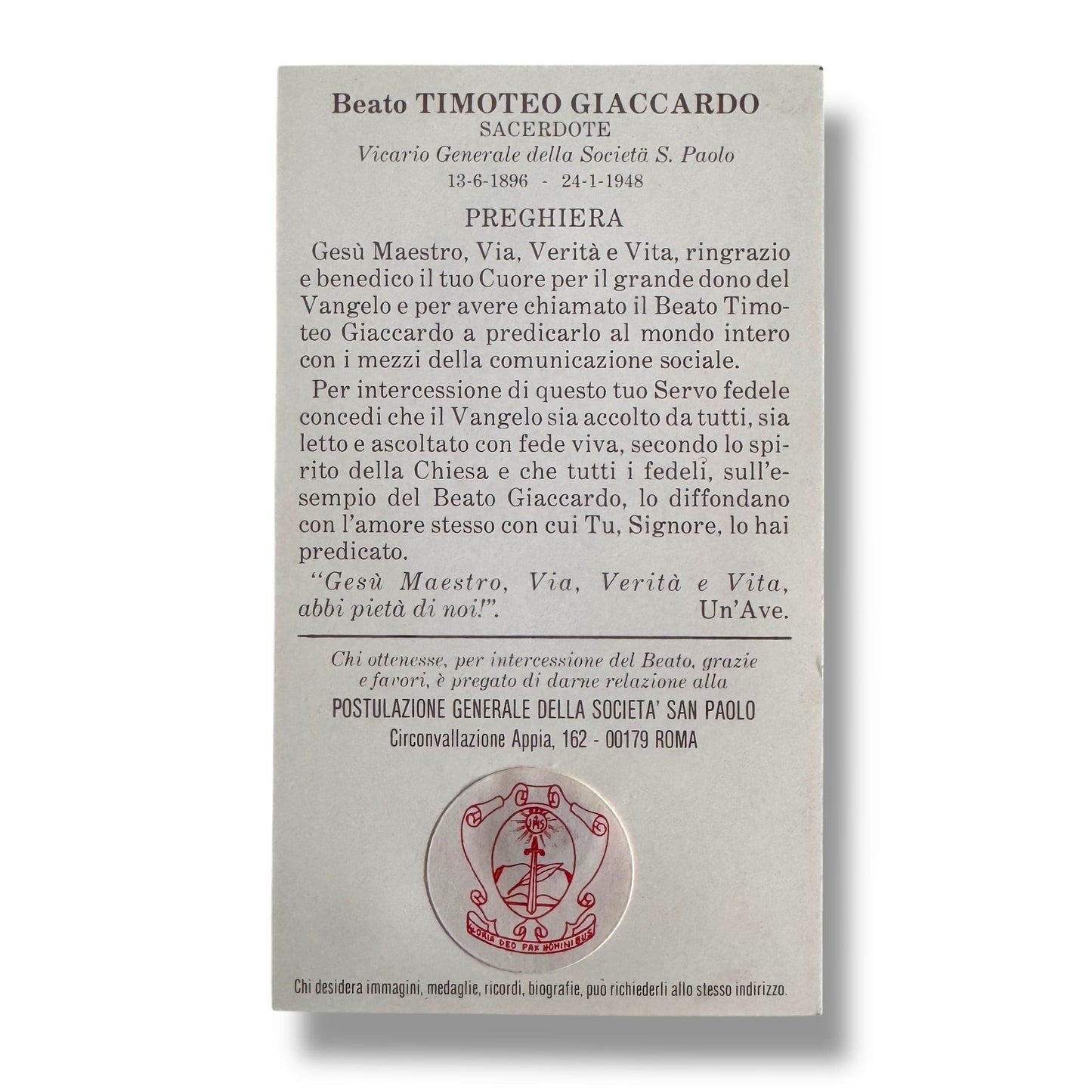 Catholically Holy Card Vintage Holy Relic Card – Blessed Timoteo Giaccardo